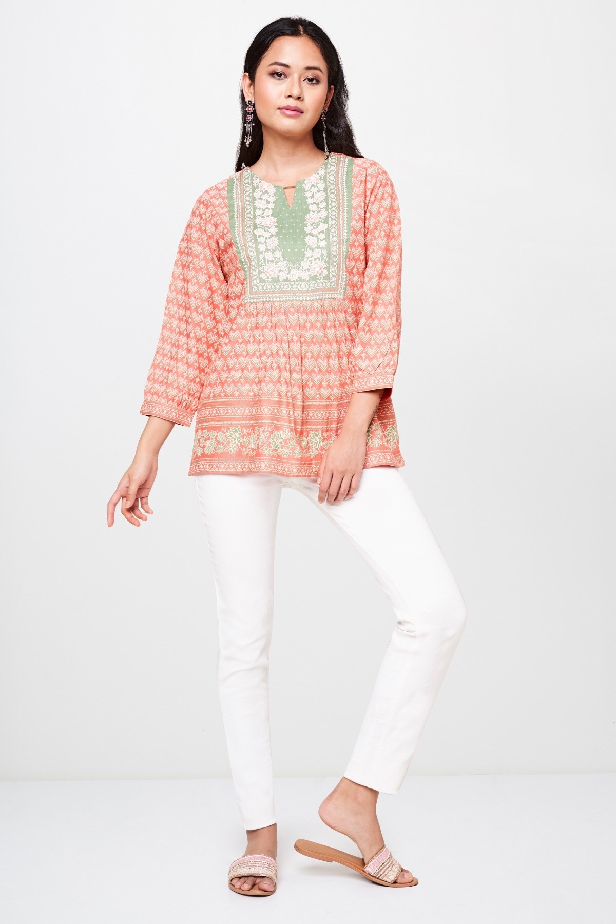 Global Desi | Pink Floral Round Neck Fit and Flare Top 4