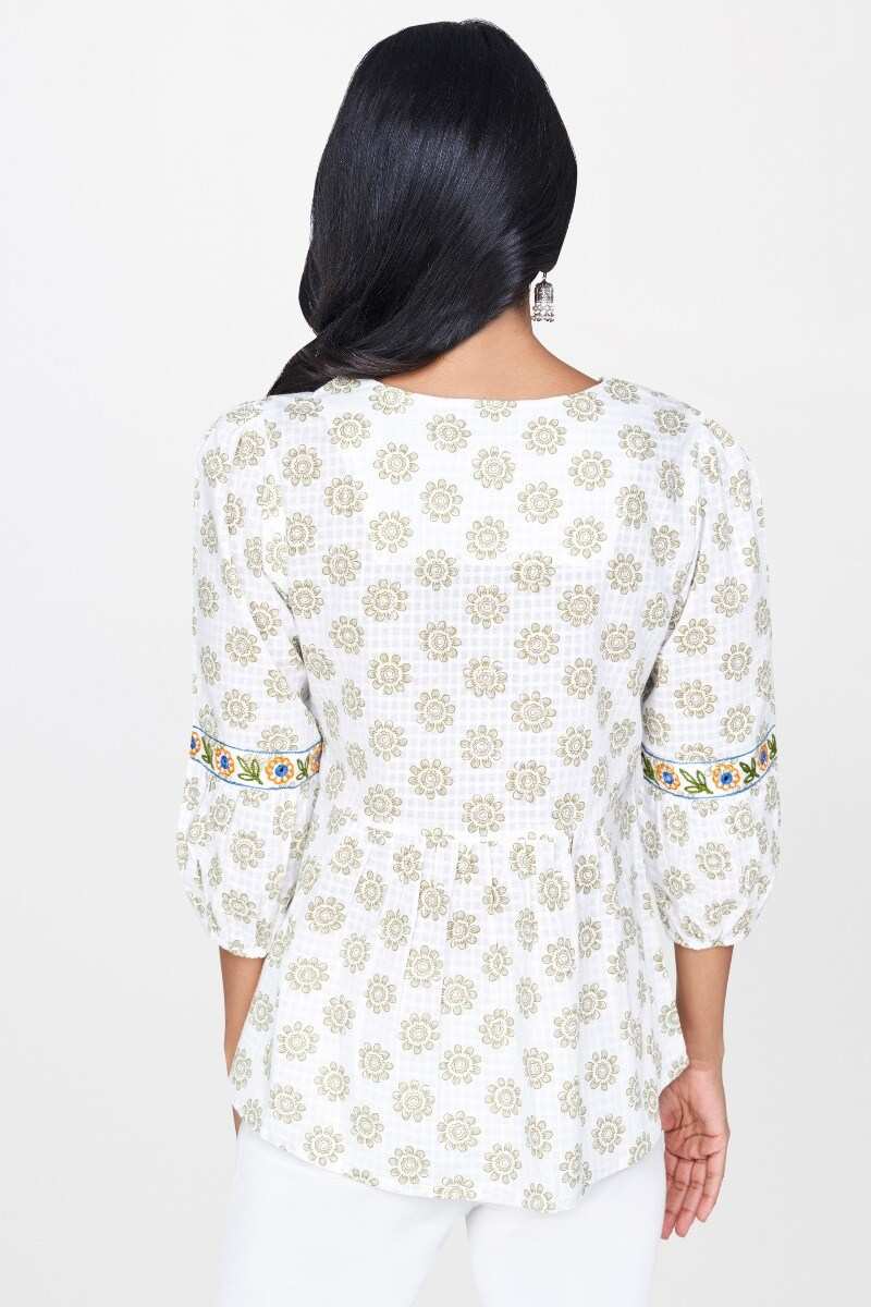Off White Floral Embroidered Fit and Flare Top