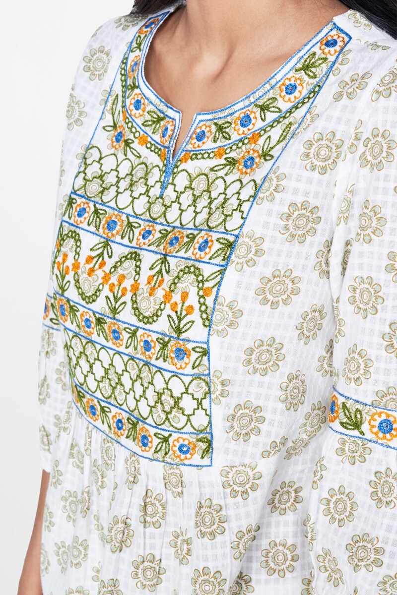 Off White Floral Embroidered Fit and Flare Top