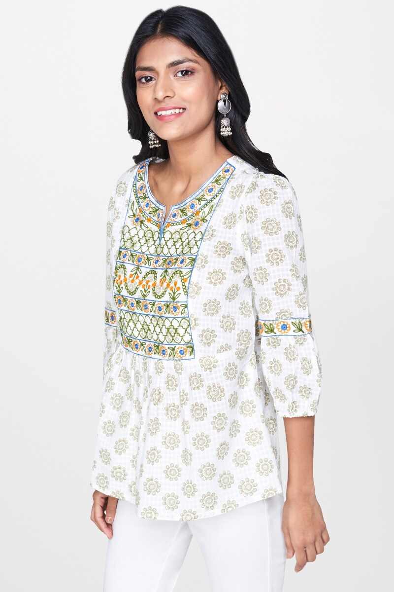 Off White Floral Embroidered Fit and Flare Top