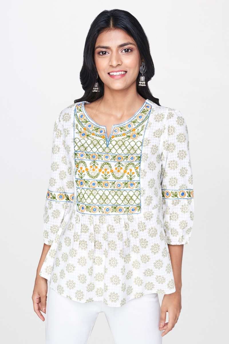 Off White Floral Embroidered Fit and Flare Top