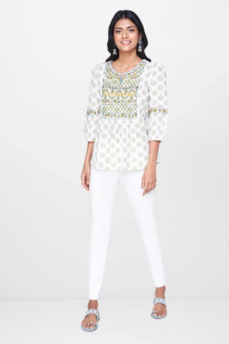 Off White Floral Embroidered Fit and Flare Top