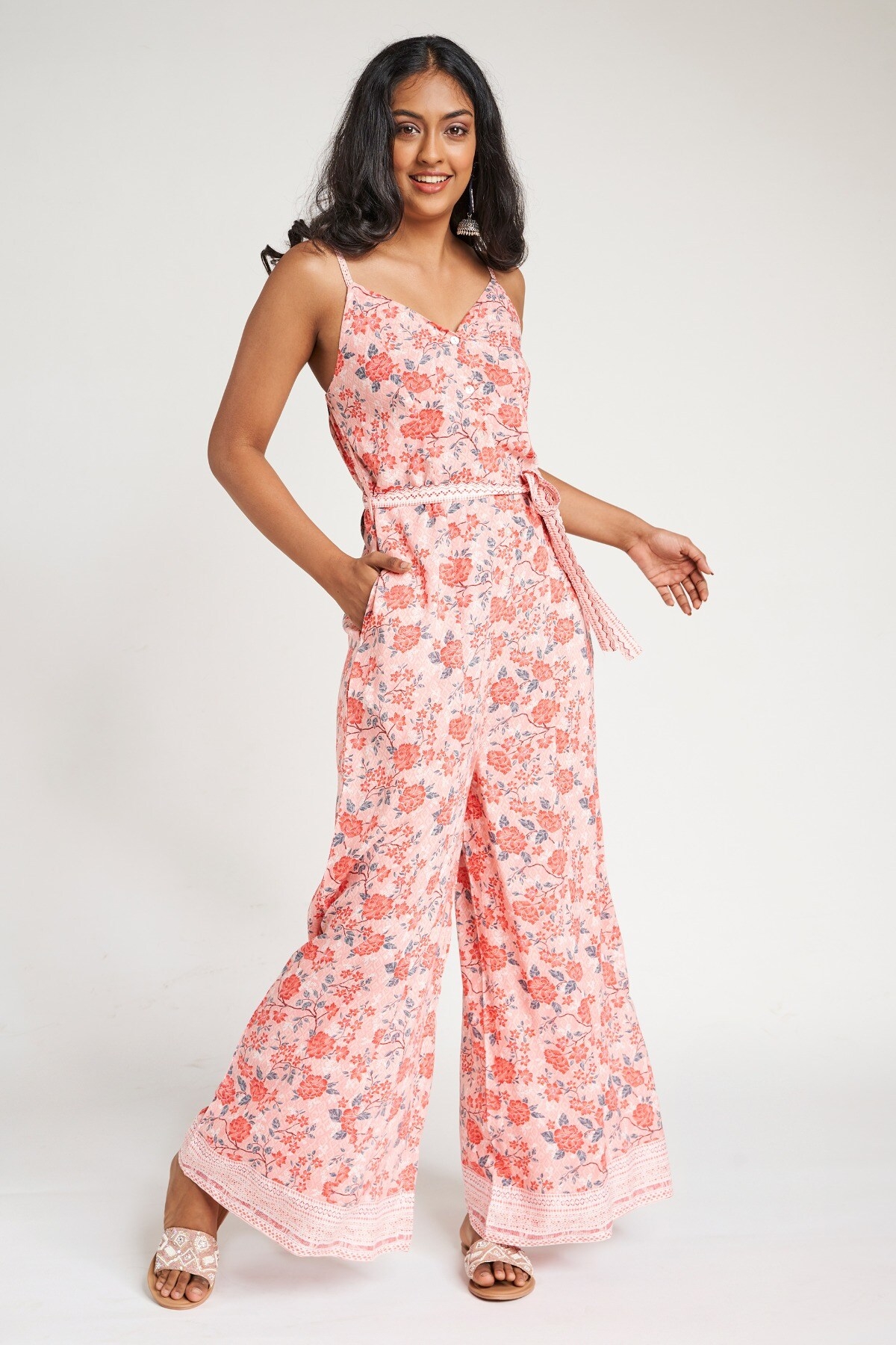 Buy Ecru Floral Print Jumpsuit Online - Label Ritu Kumar India Store View