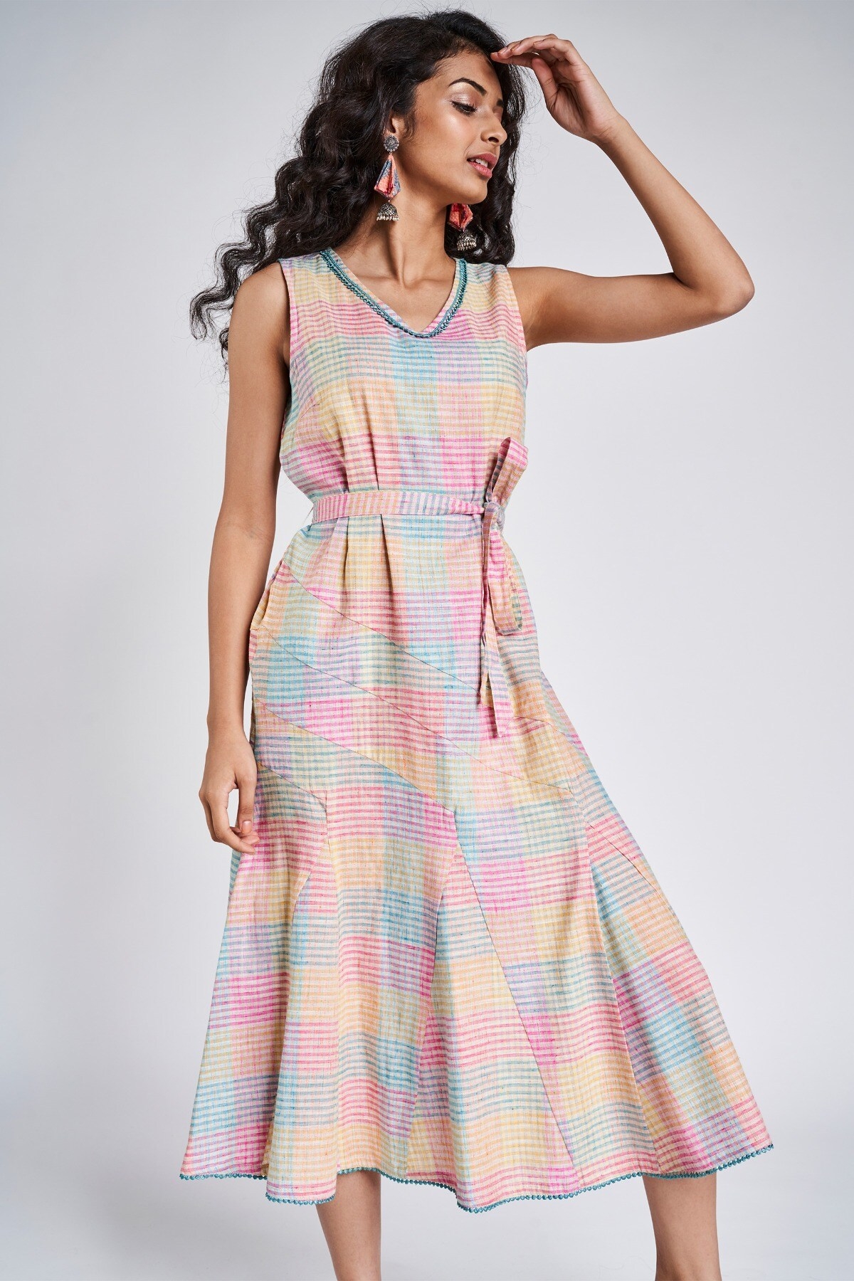 Global Desi | Multi Color Checks Fit And Flare Dress 0