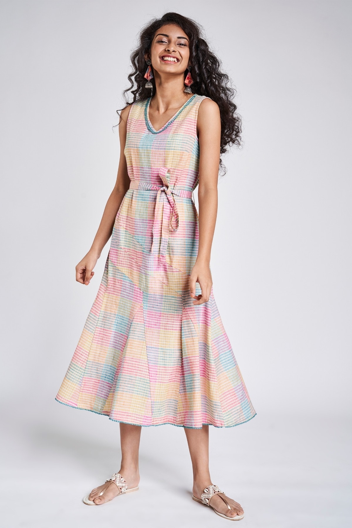 Global Desi | Multi Color Checks Fit And Flare Dress 3