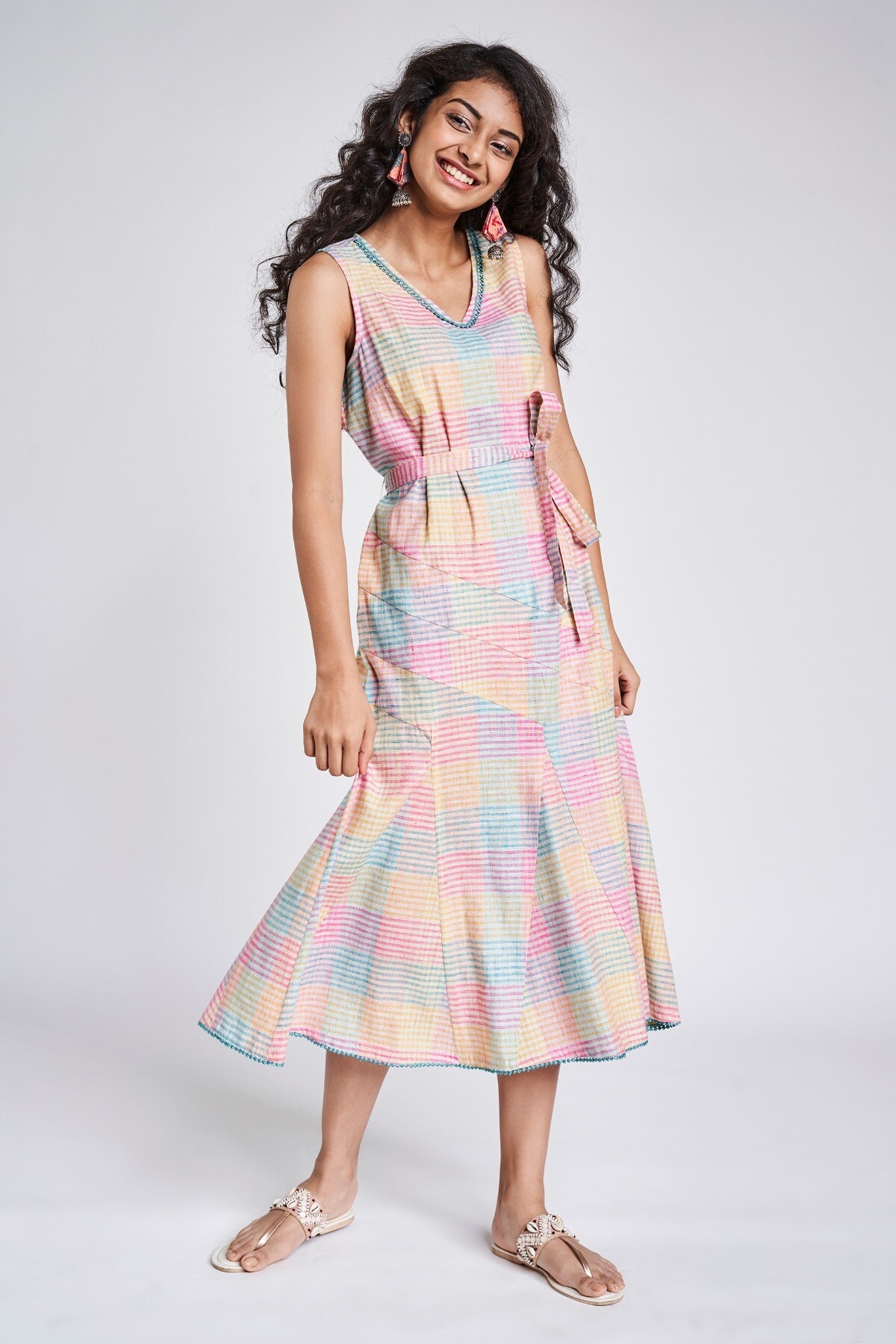 Global Desi | Multi Color Checks Fit And Flare Dress 6