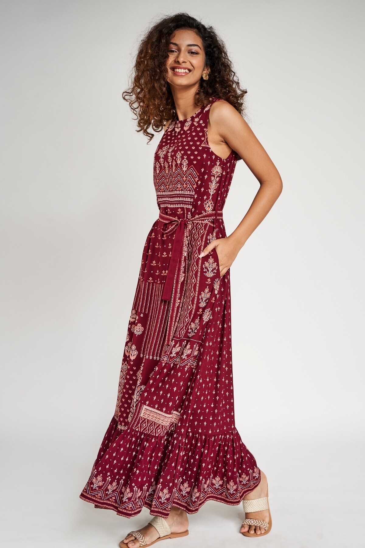 Global Desi | Maroon Floral Printed Fit And Flare Dress 0