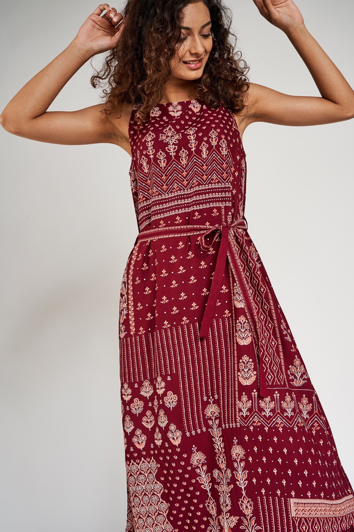 Global Desi | Maroon Floral Printed Fit And Flare Dress 3
