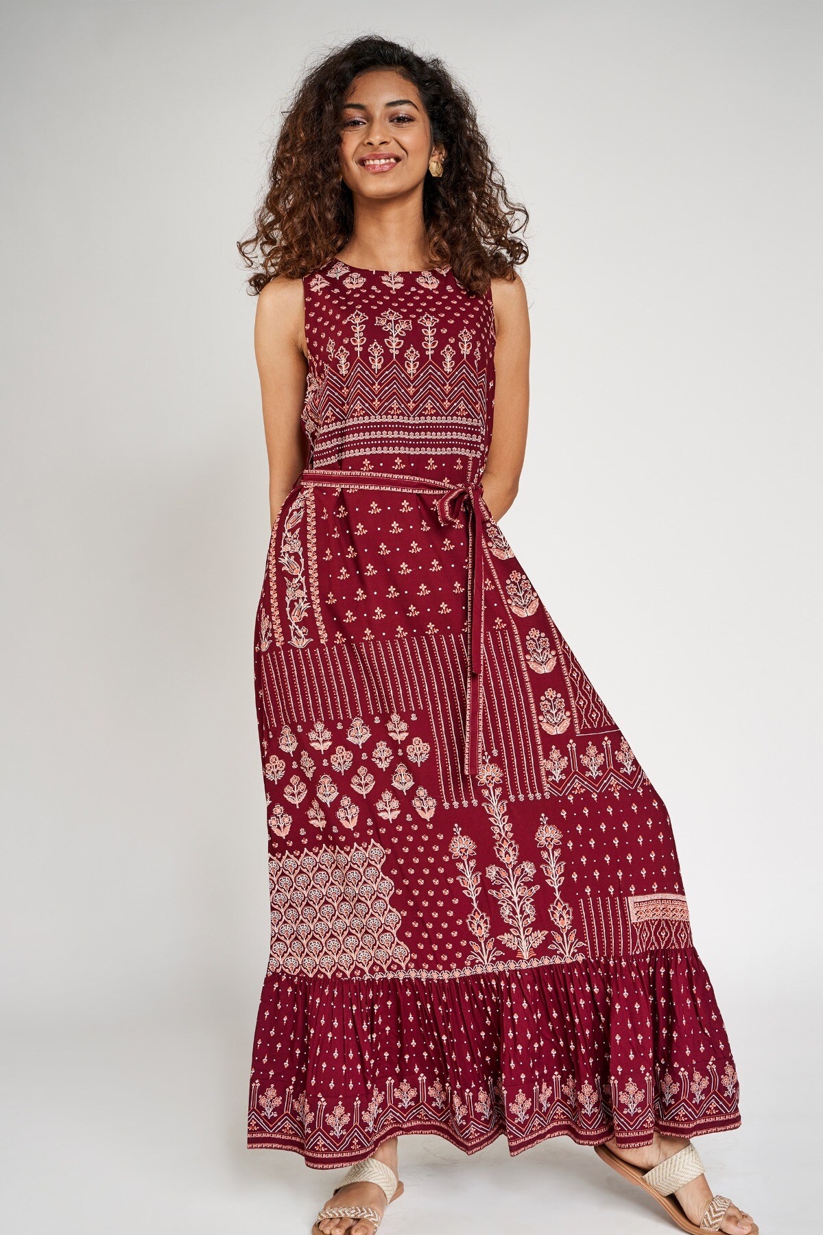 Global Desi | Maroon Floral Printed Fit And Flare Dress 5