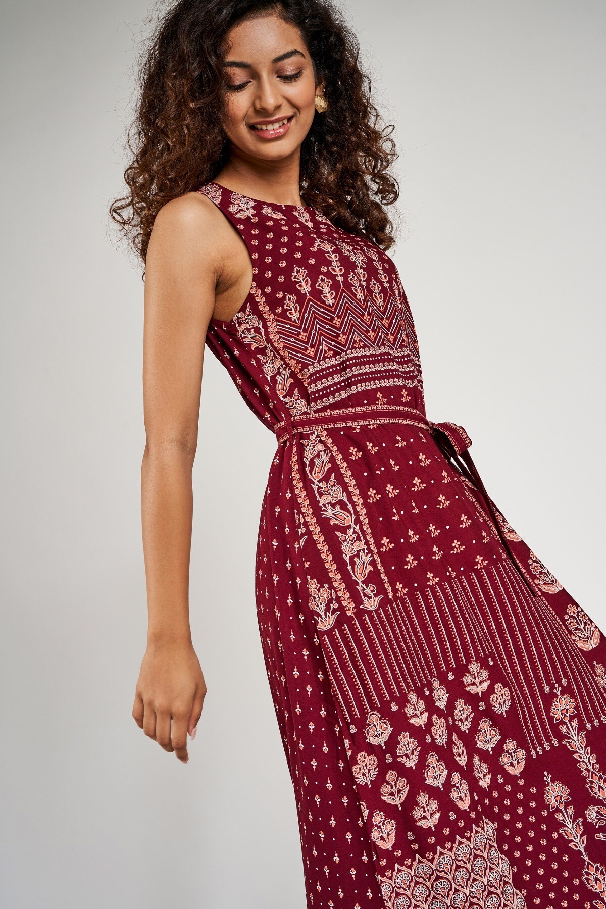 Global Desi | Maroon Floral Printed Fit And Flare Dress 6