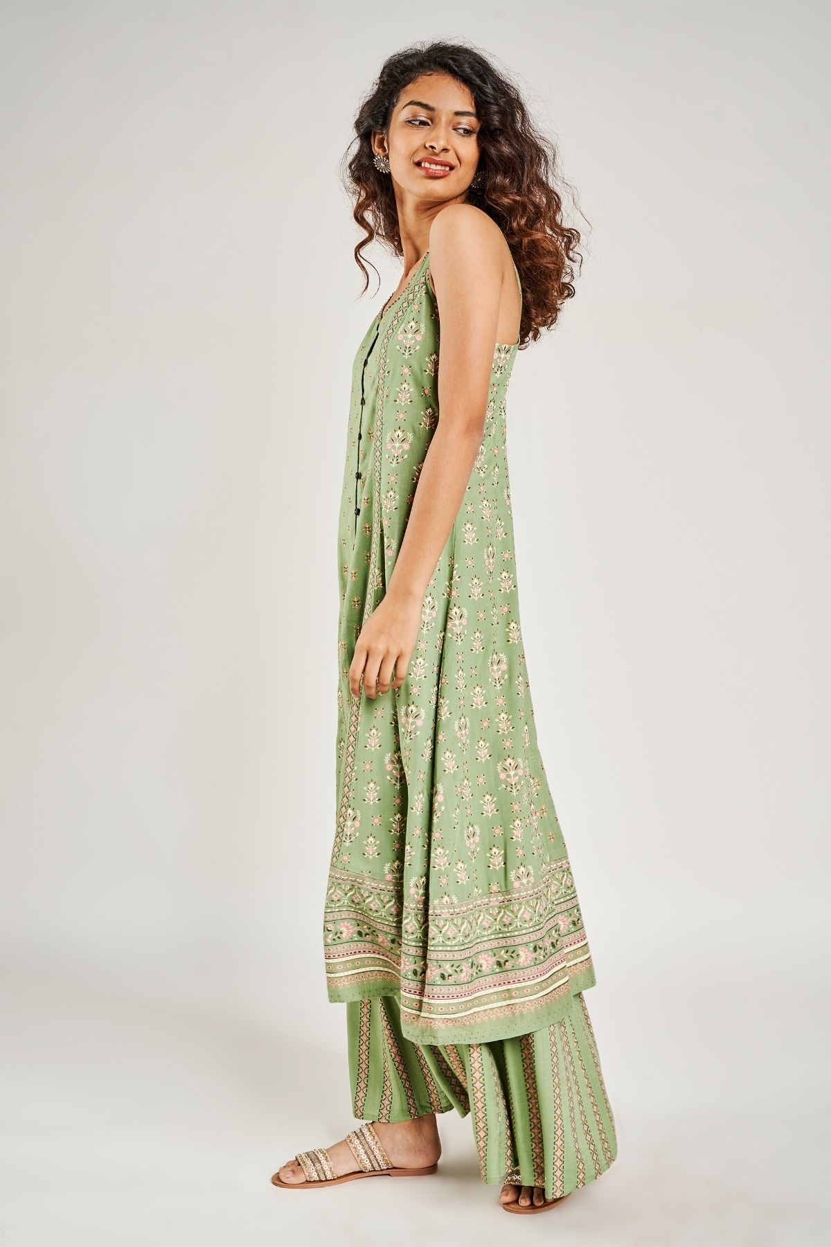 Global Desi | Sage Green Floral Embroidered Fit And Flare Suit 0