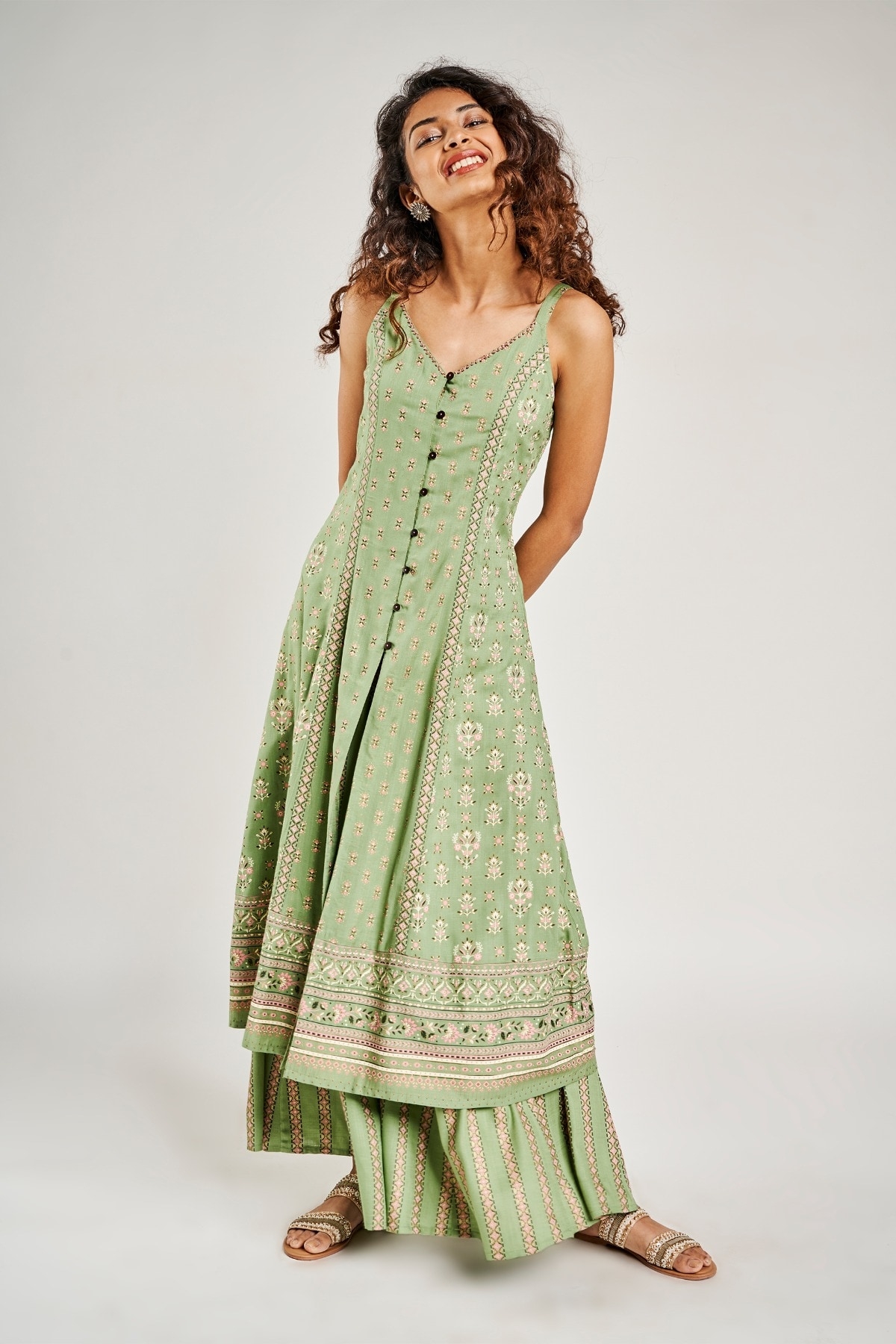 Global Desi | Sage Green Floral Embroidered Fit And Flare Suit 1