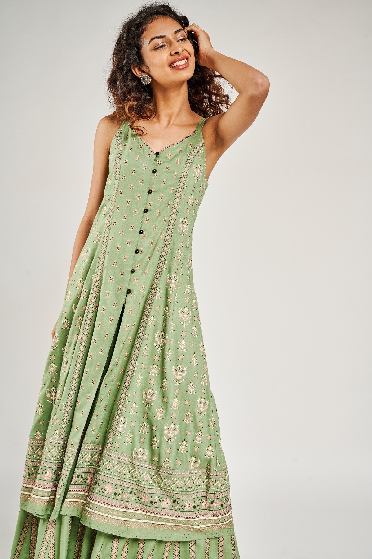 Global Desi | Sage Green Floral Embroidered Fit And Flare Suit 2
