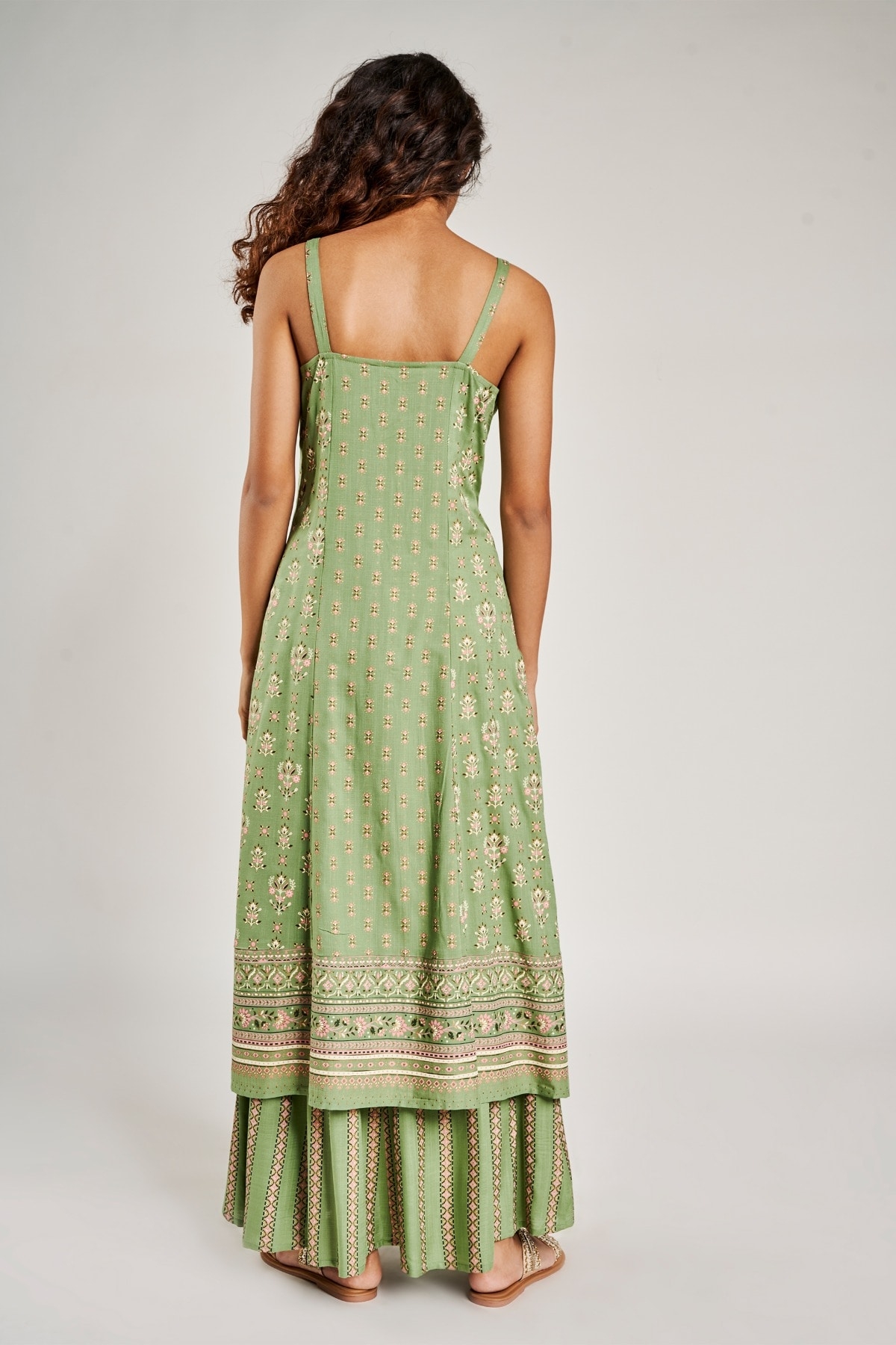 Global Desi | Sage Green Floral Embroidered Fit And Flare Suit 3