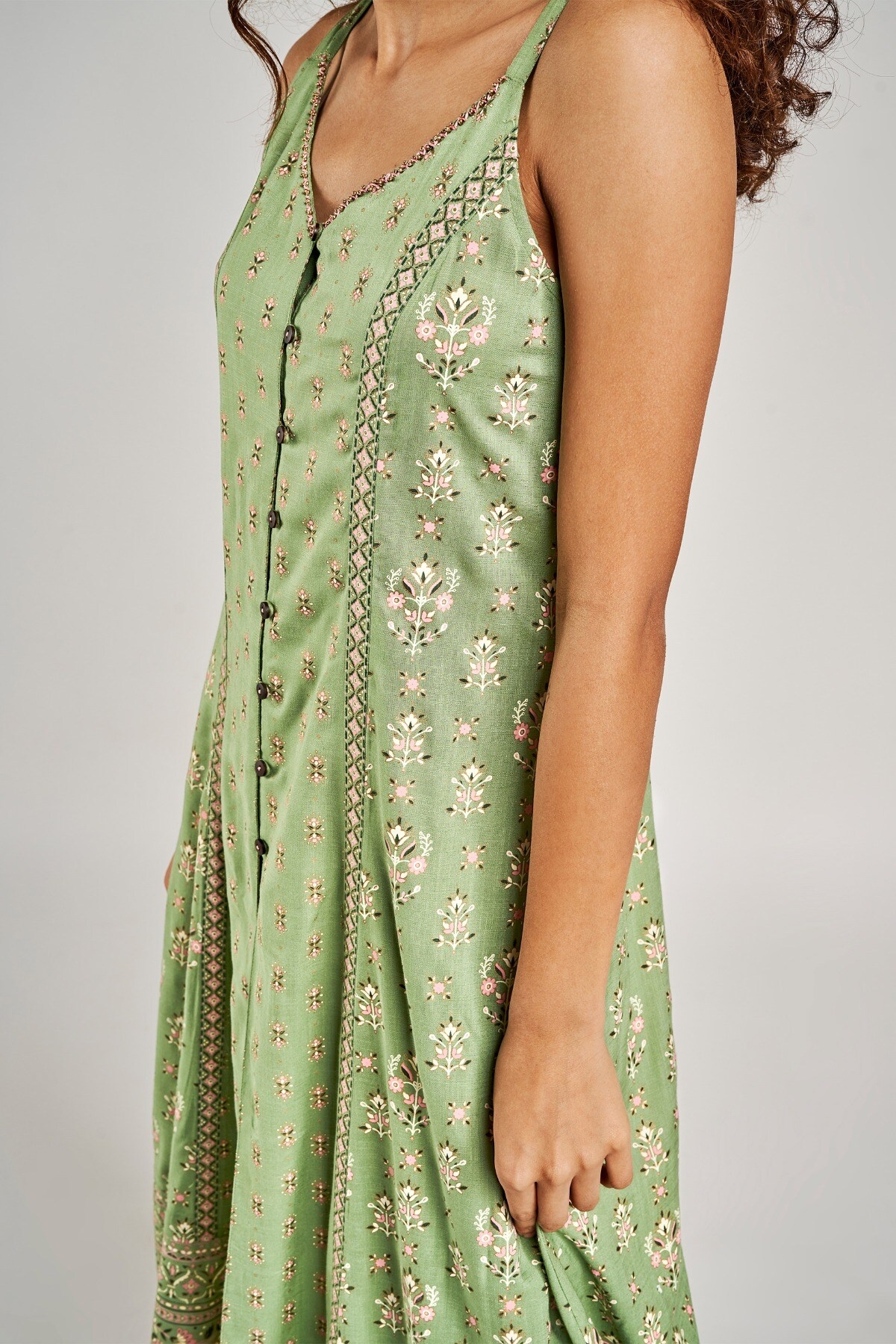 Global Desi | Sage Green Floral Embroidered Fit And Flare Suit 4