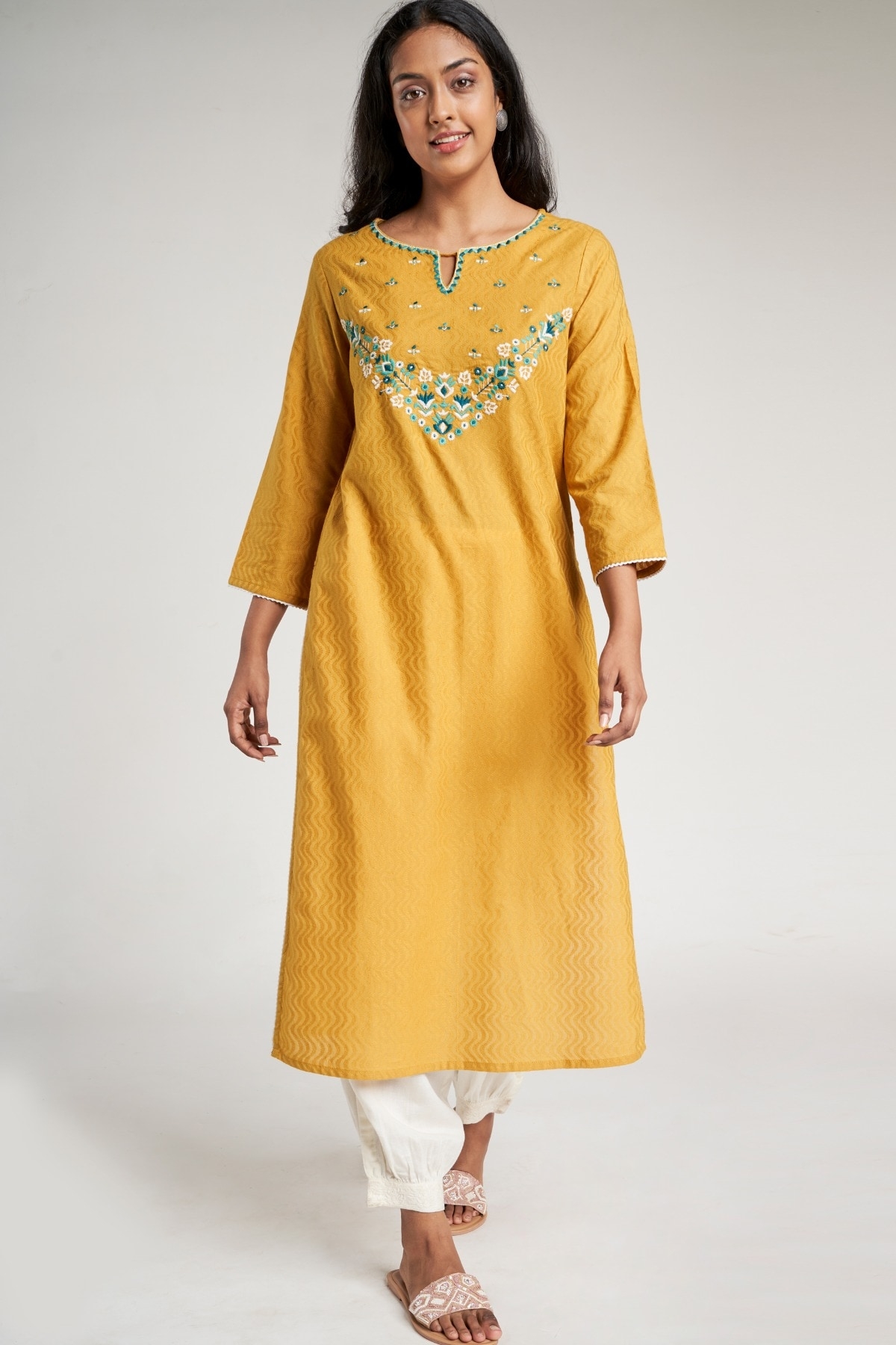 Global Desi | Mustard Self Design Embroidered A-Line Kurta 5