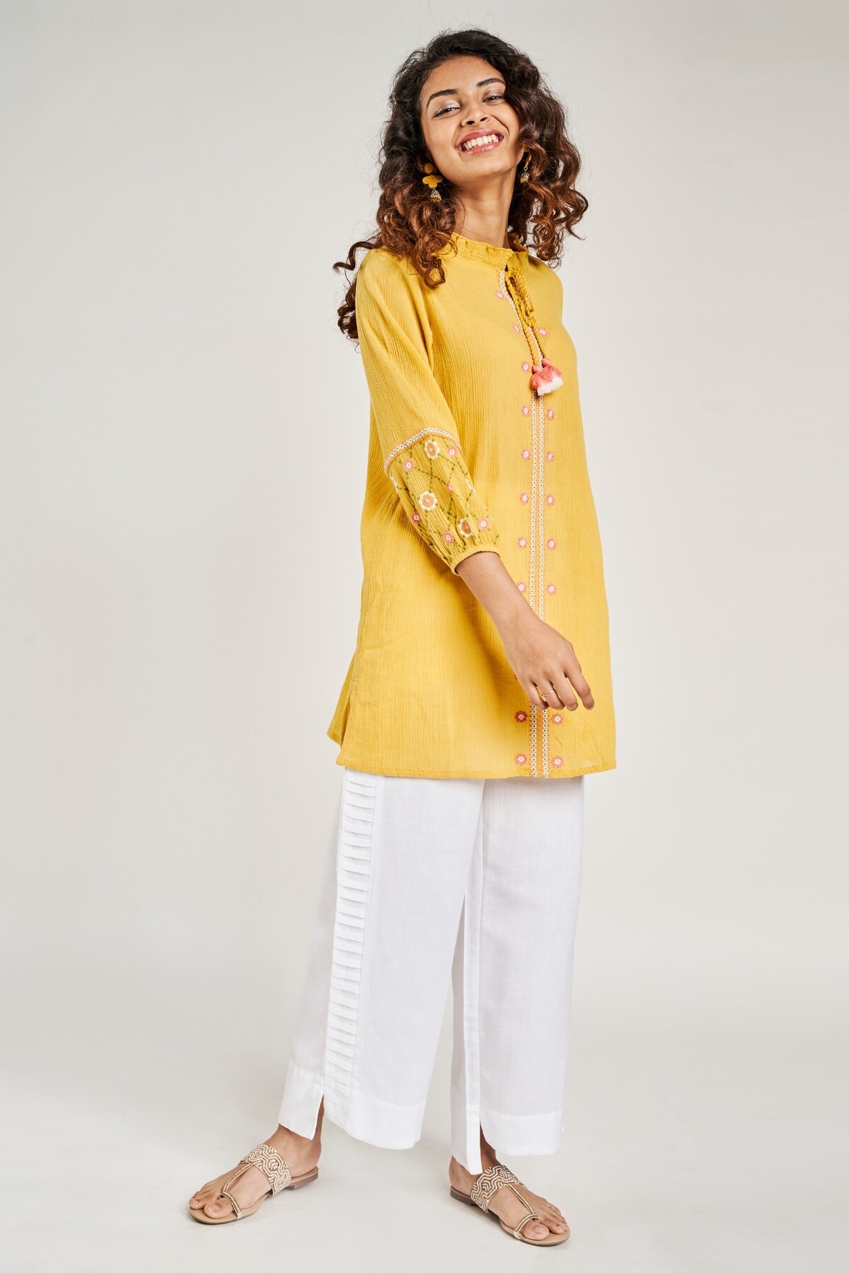 Global Desi | Mustard Solid Embroidered Tunic 0