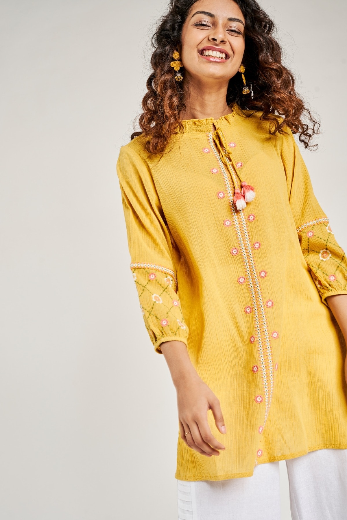 Global Desi | Mustard Solid Embroidered Tunic 1