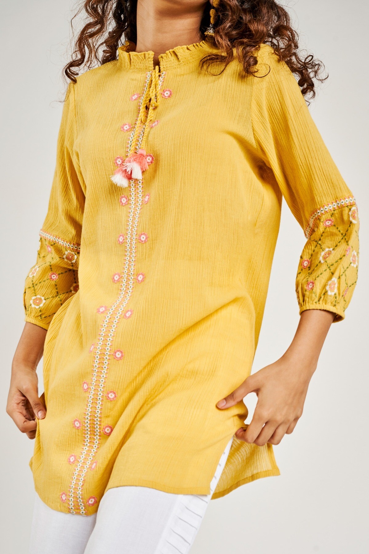 Global Desi | Mustard Solid Embroidered Tunic 2
