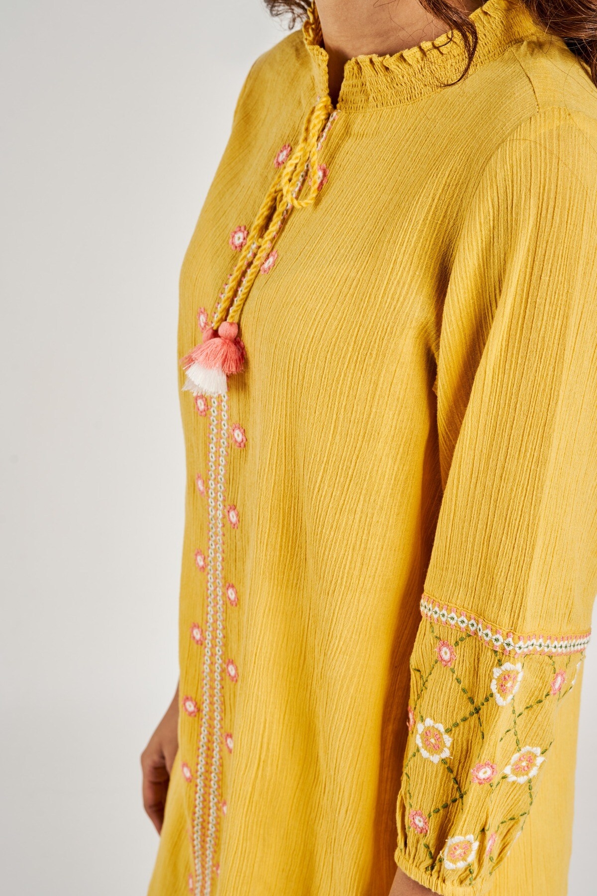 Global Desi | Mustard Solid Embroidered Tunic 3