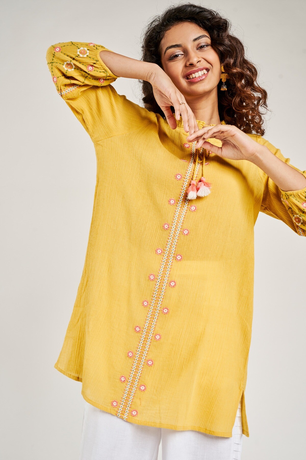 Global Desi | Mustard Solid Embroidered Tunic 4