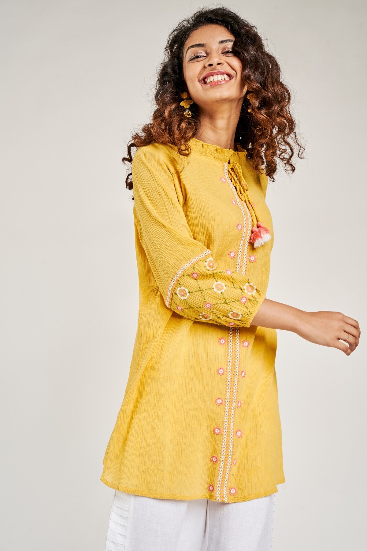 Global Desi | Mustard Solid Embroidered Tunic 5