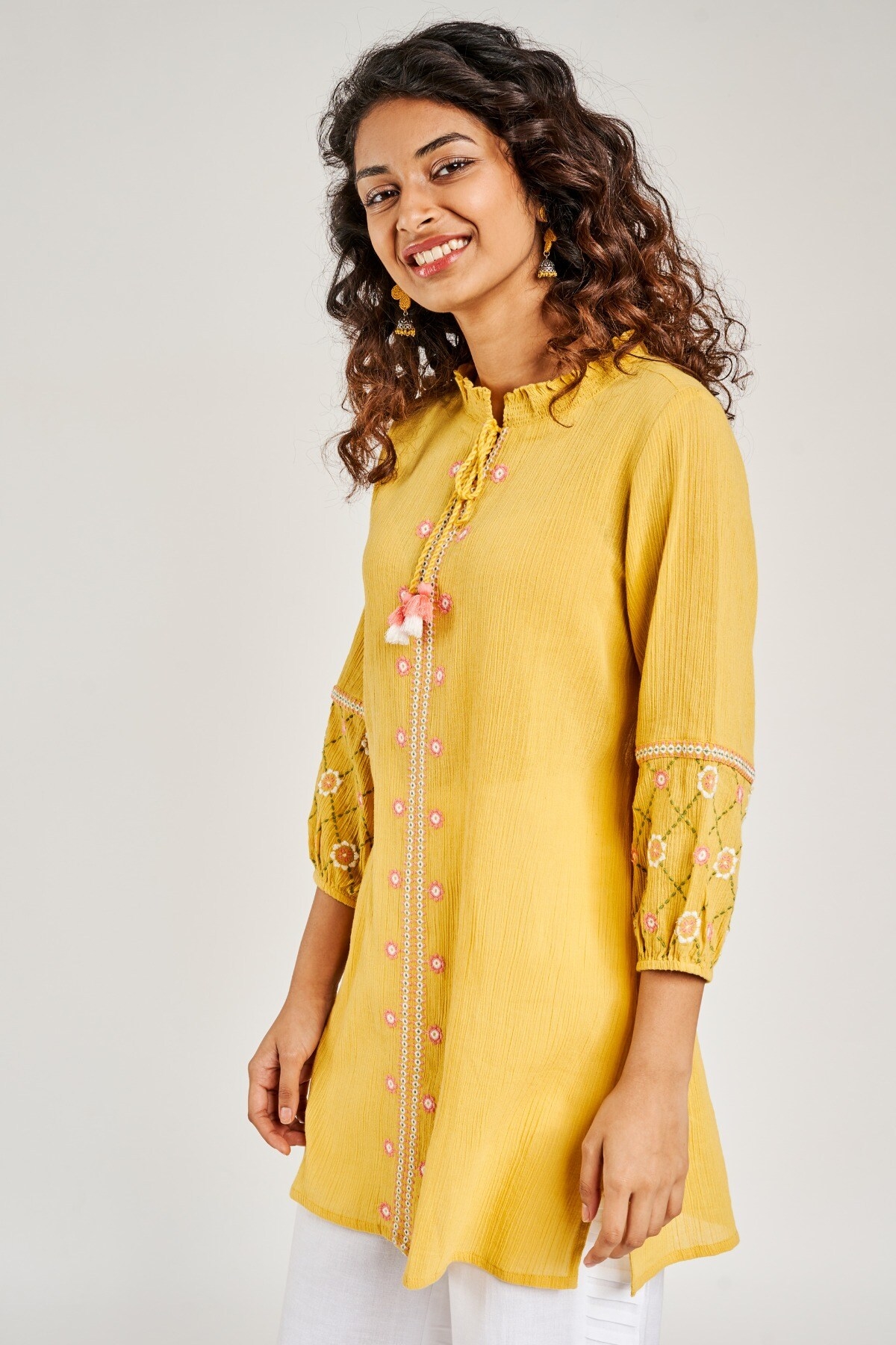 Global Desi | Mustard Solid Embroidered Tunic 7