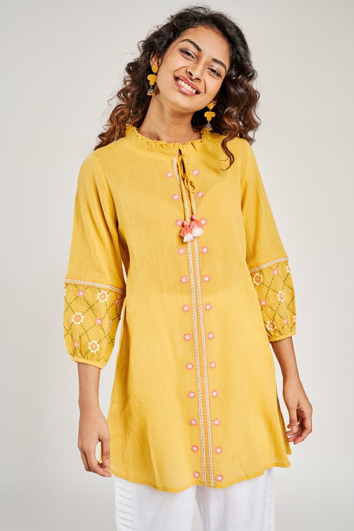 Global Desi | Mustard Solid Embroidered Tunic 8
