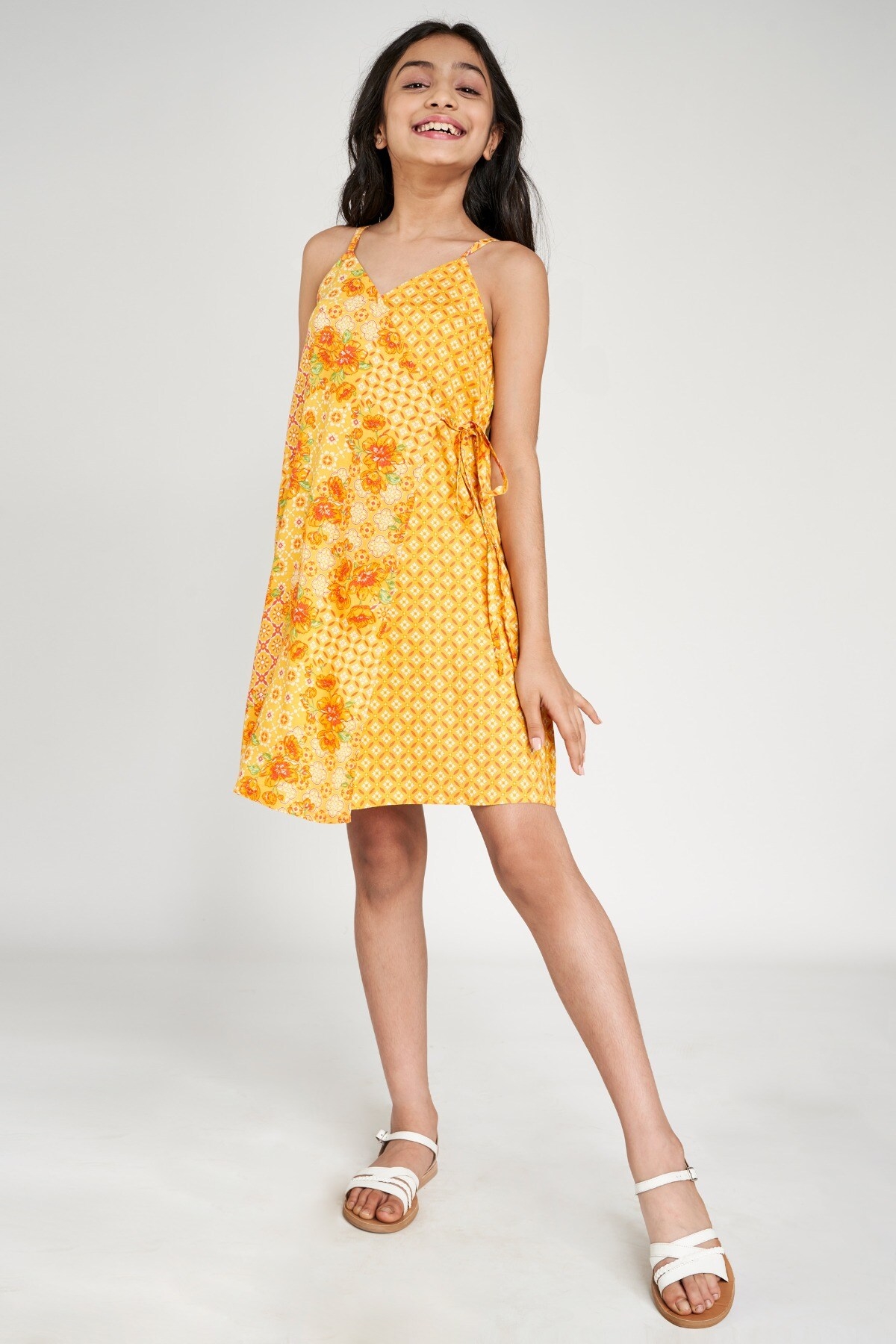 Global Desi | Orange Floral Printed A-Line Dress 0