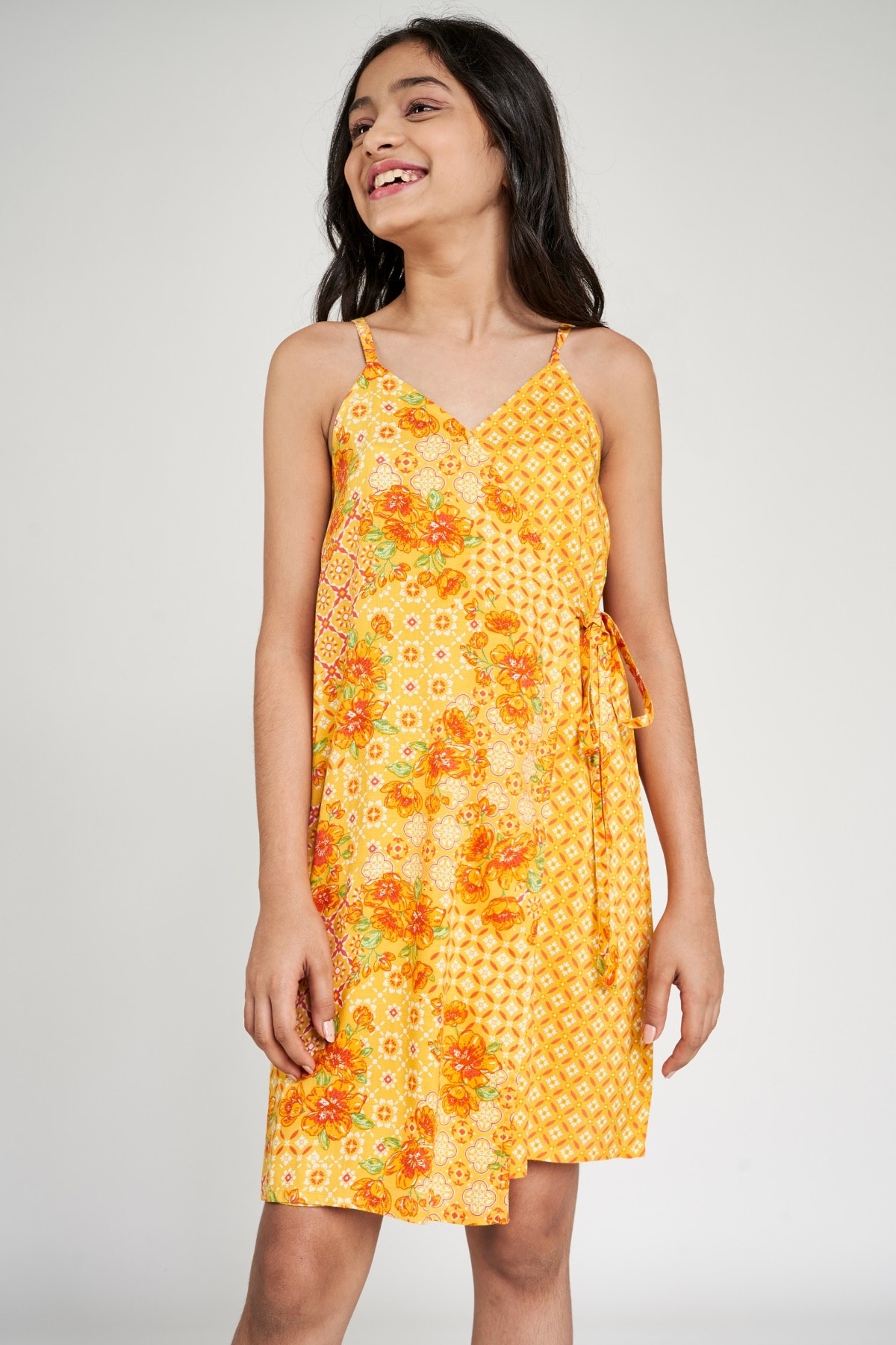 Global Desi | Orange Floral Printed A-Line Dress 1
