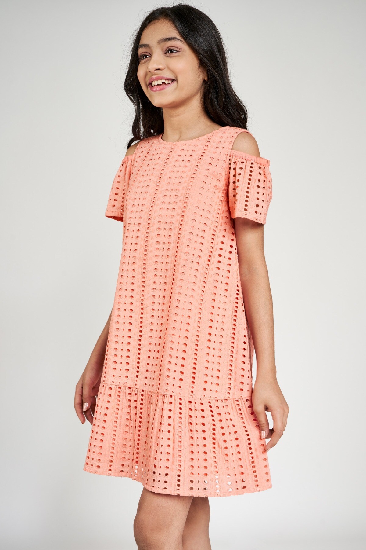 Global Desi | Peach Solid A-Line Dress 0