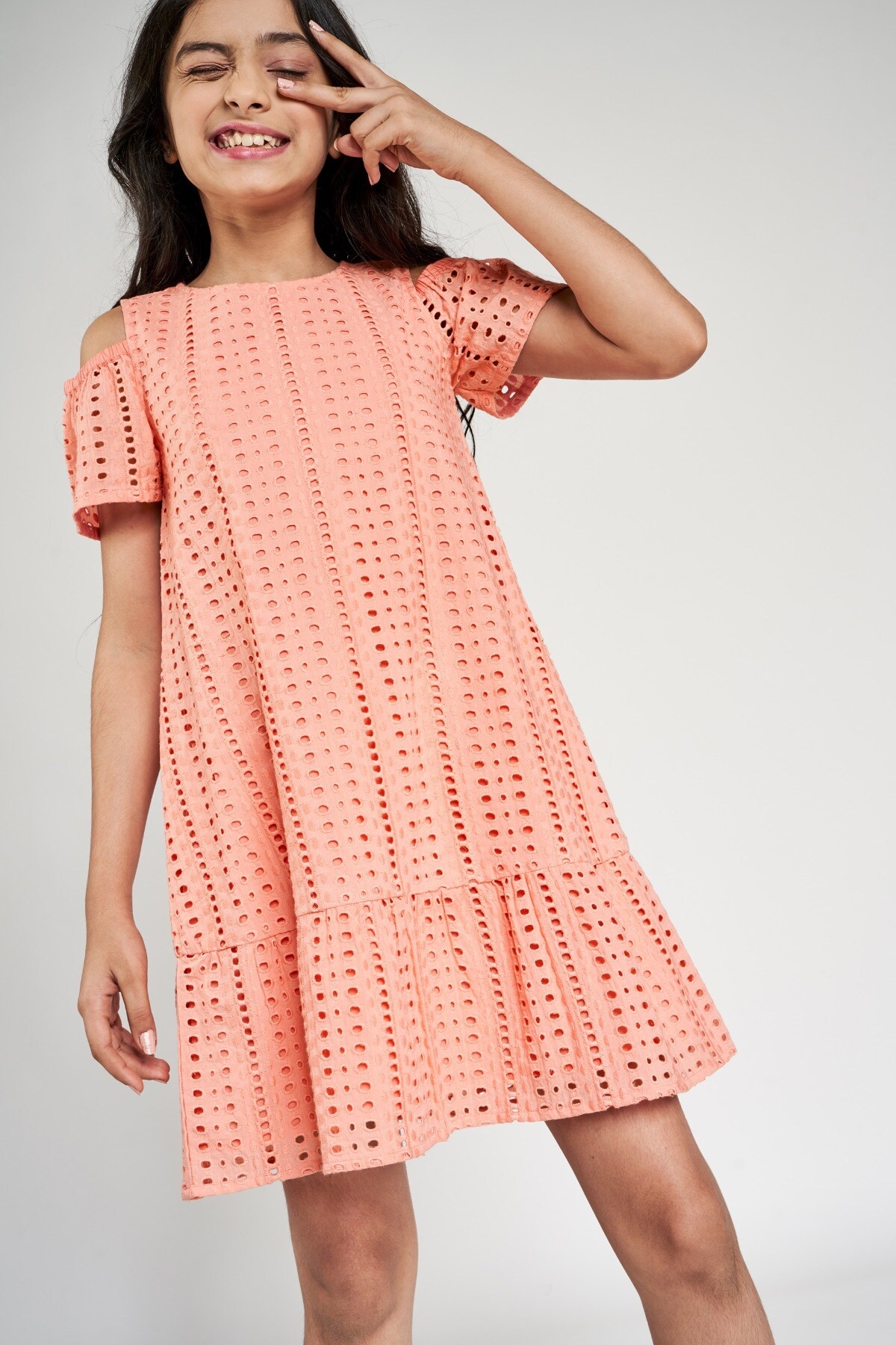 Global Desi | Peach Solid A-Line Dress 1