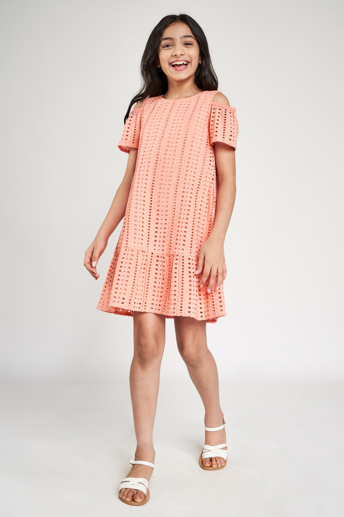 Global Desi | Peach Solid A-Line Dress 2