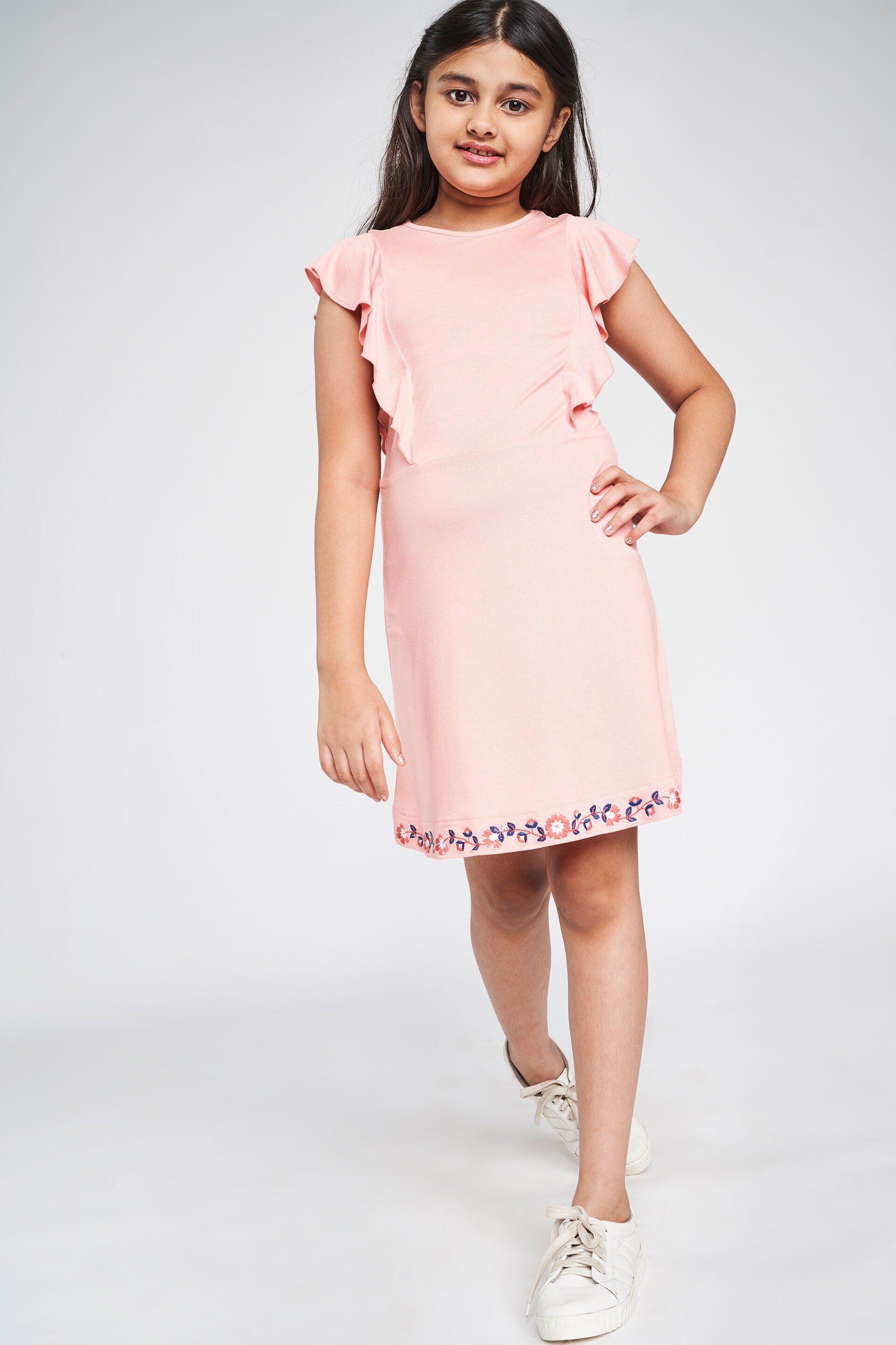 Global Desi | Pink Solid Embroidered Fit And Flare Dress 1