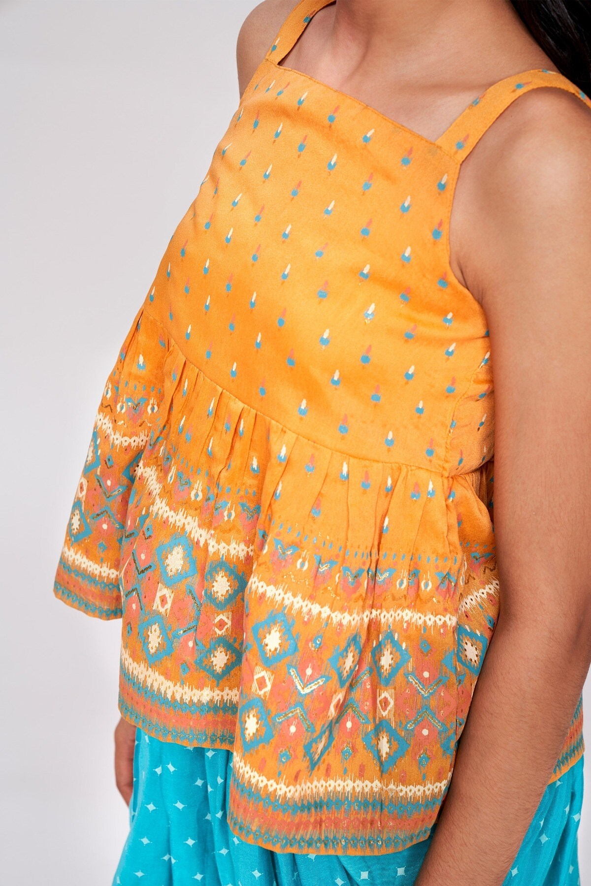 Global Desi | Orange And Blue Ethnic Motifs Printed Fit And Flare Suit 1