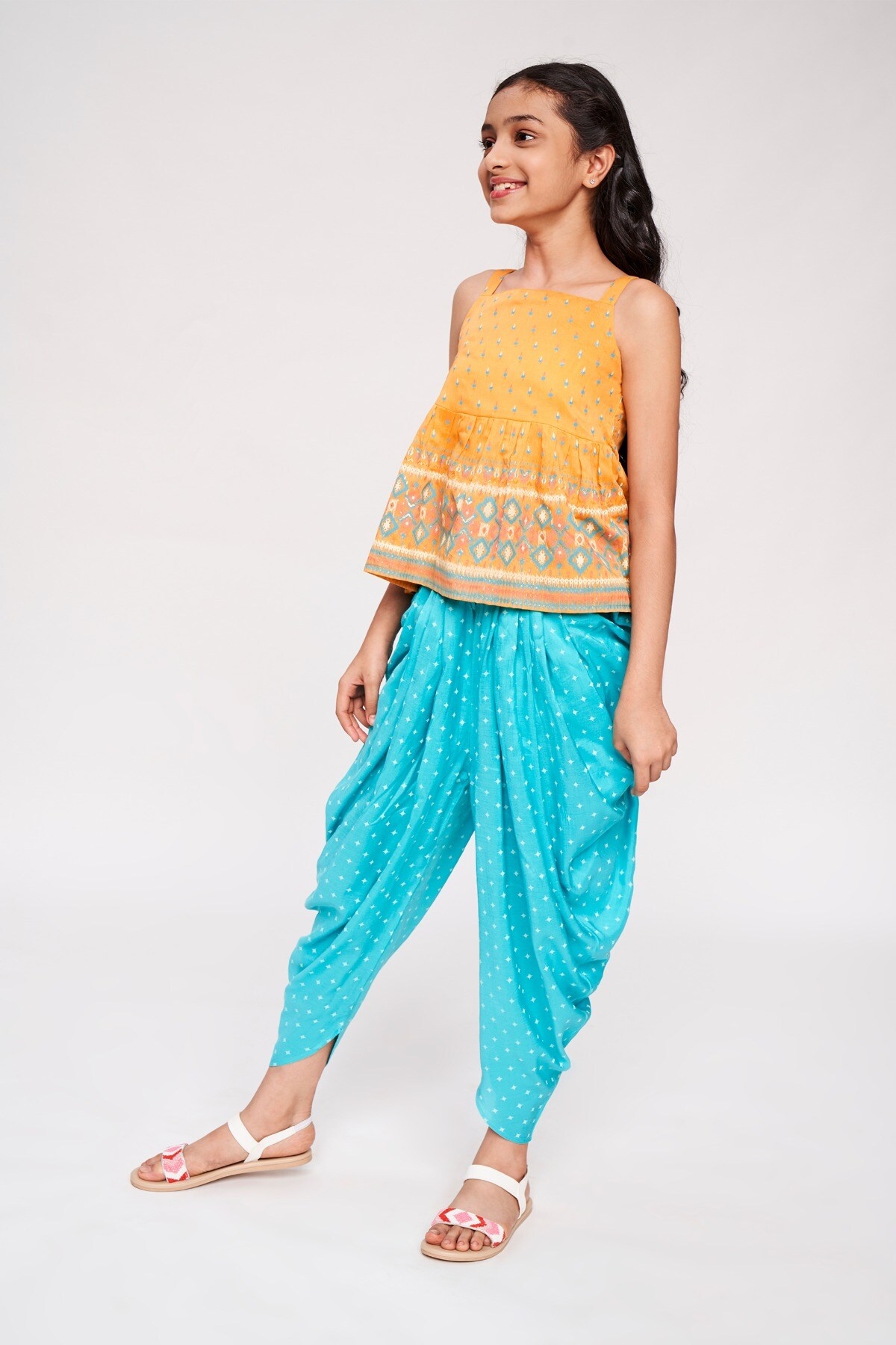 Global Desi | Orange And Blue Ethnic Motifs Printed Fit And Flare Suit 3