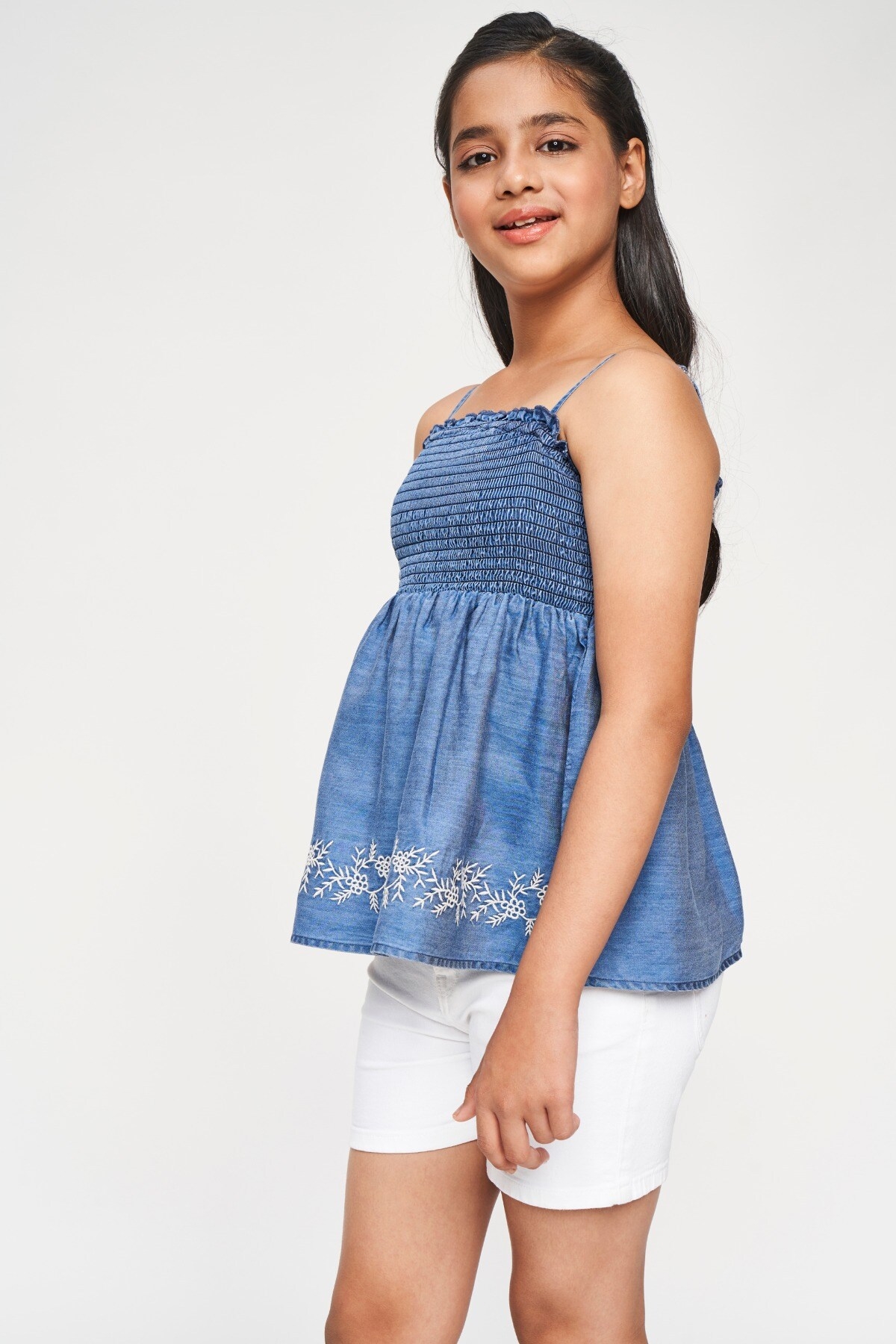 Global Desi | Blue Solid Embroidered Fit And Flare Top 4