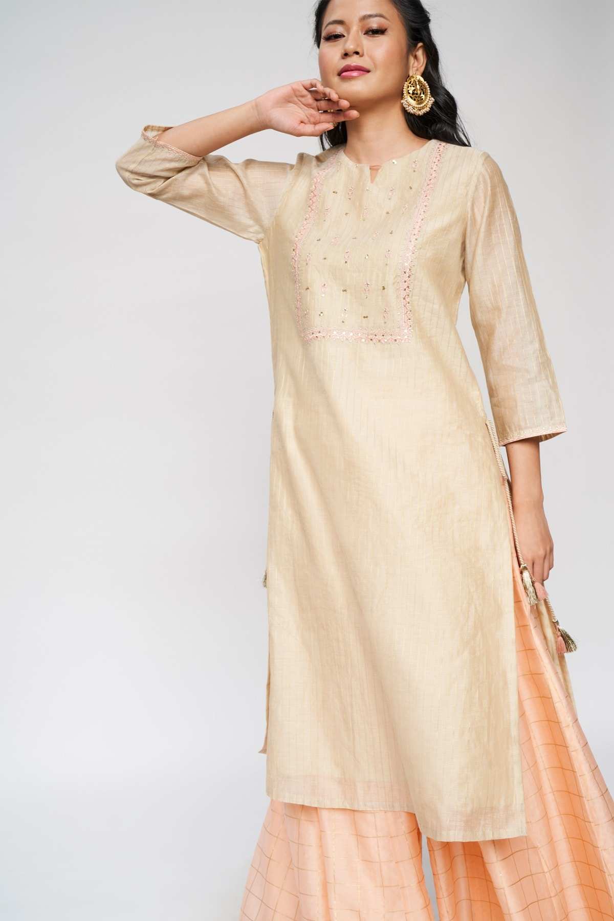 Elegant Beige Embroidered Stitched Suit