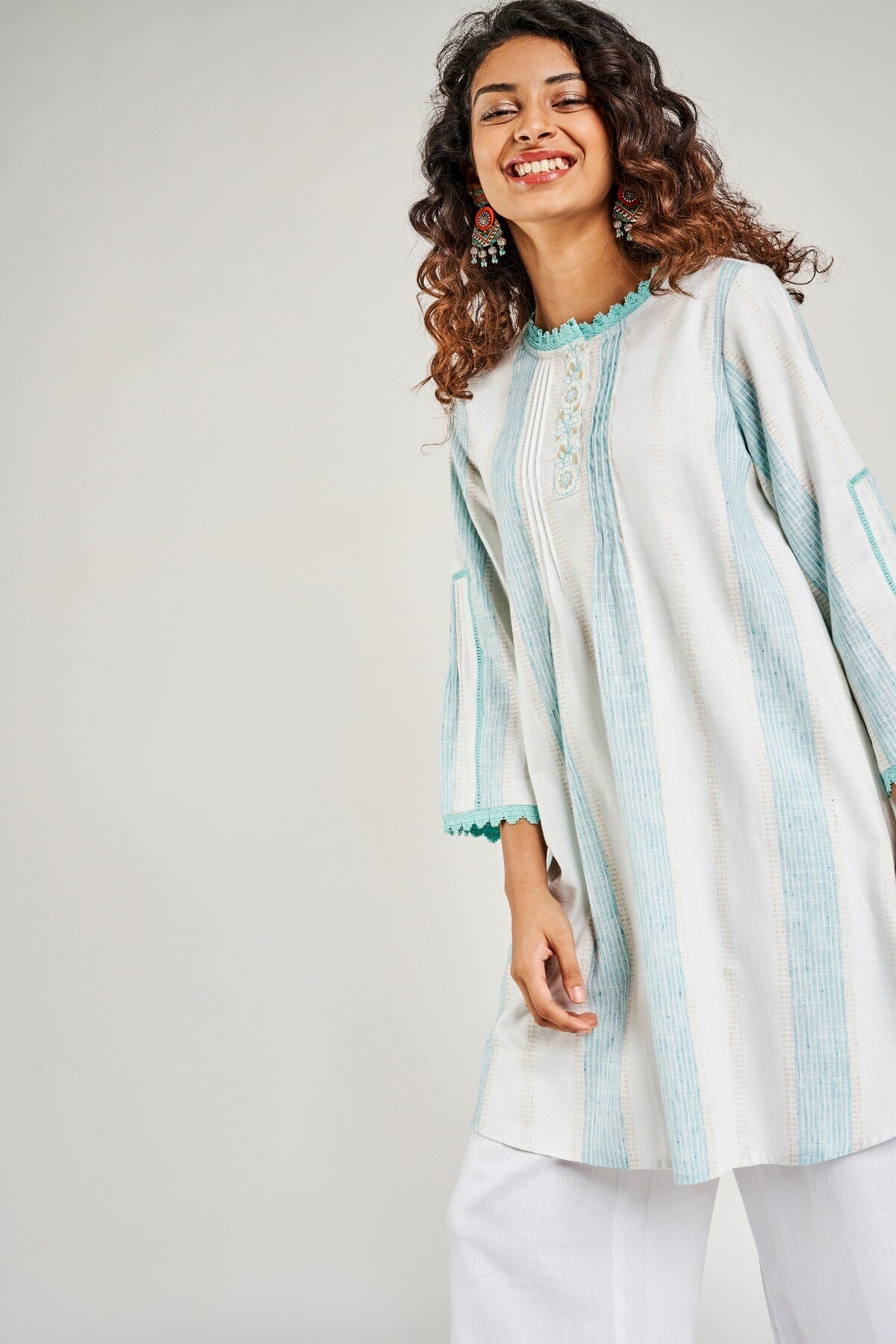Global Desi | Aqua Striped Embroidered Fit And Flare Dress 0