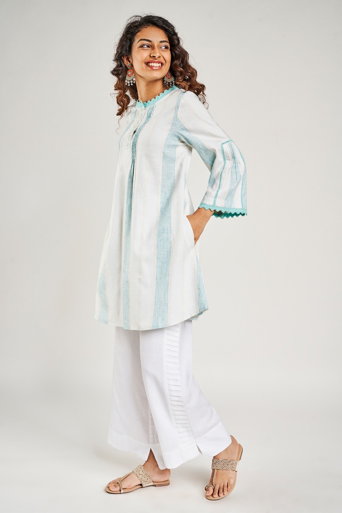 Global Desi | Aqua Striped Embroidered Fit And Flare Dress 1