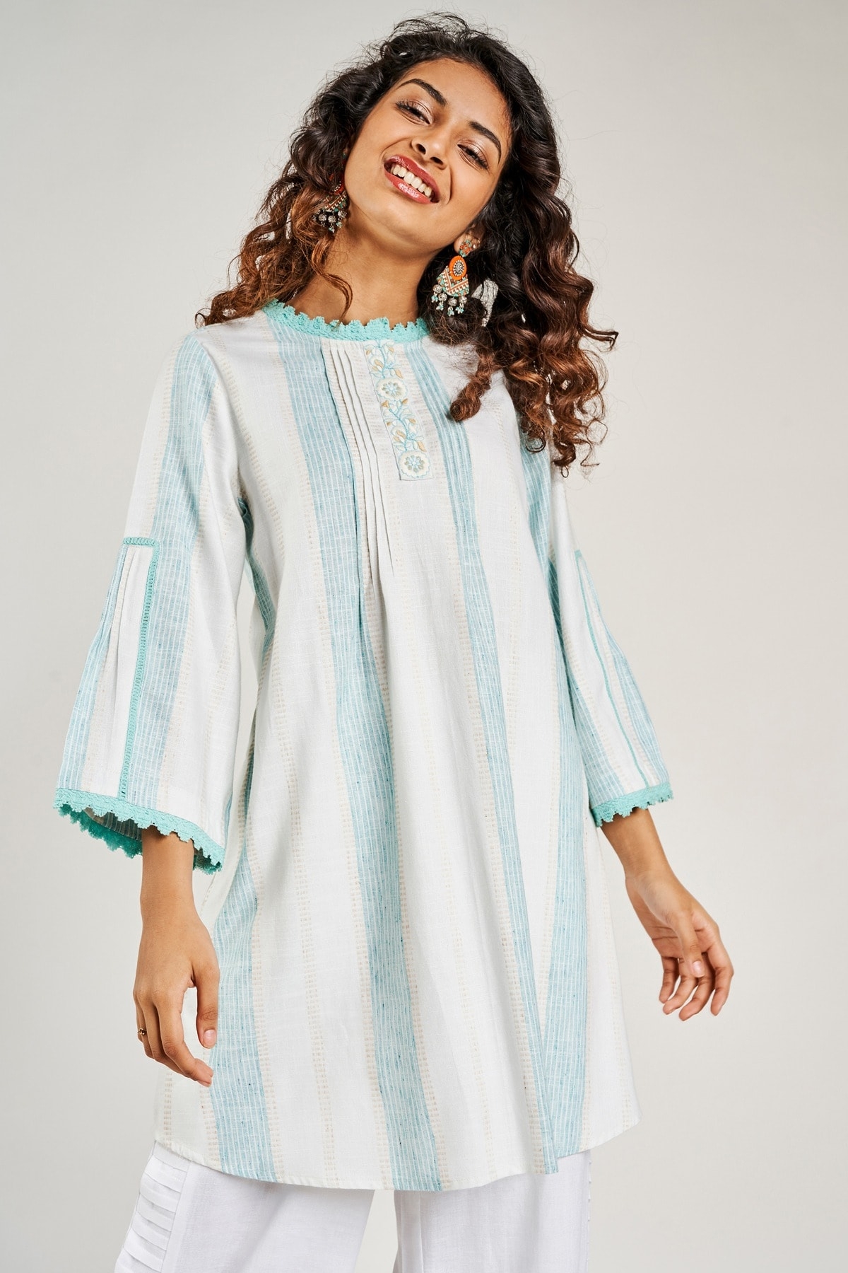Global Desi | Aqua Striped Embroidered Fit And Flare Dress 2
