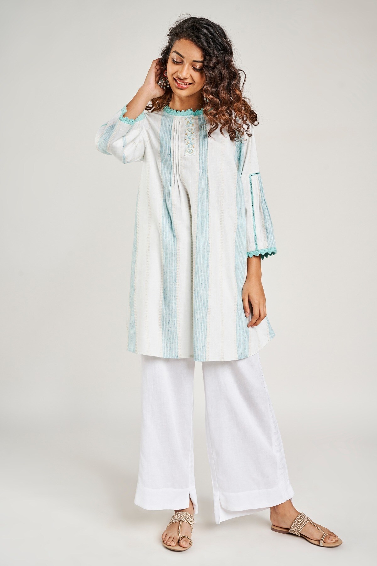 Global Desi | Aqua Striped Embroidered Fit And Flare Dress 3