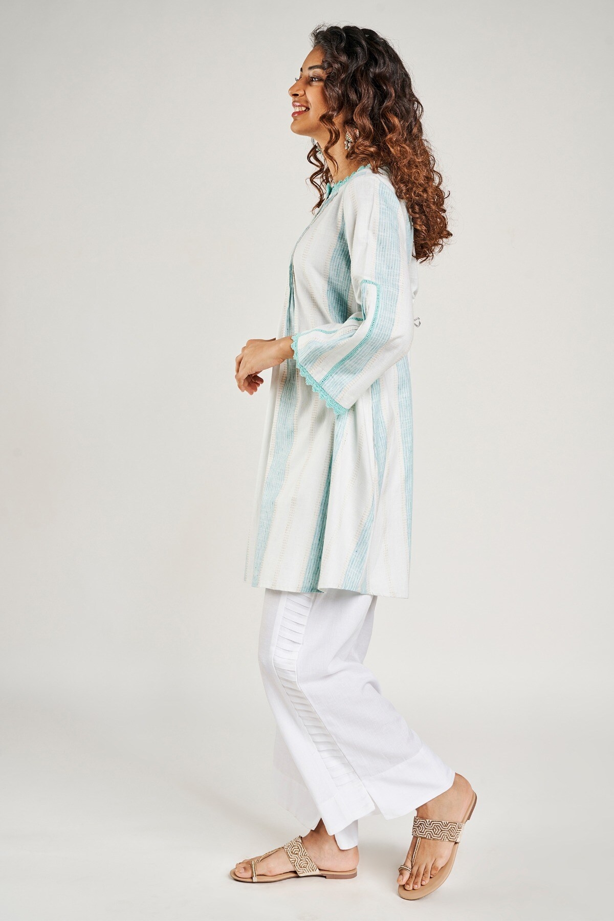 Global Desi | Aqua Striped Embroidered Fit And Flare Dress 5