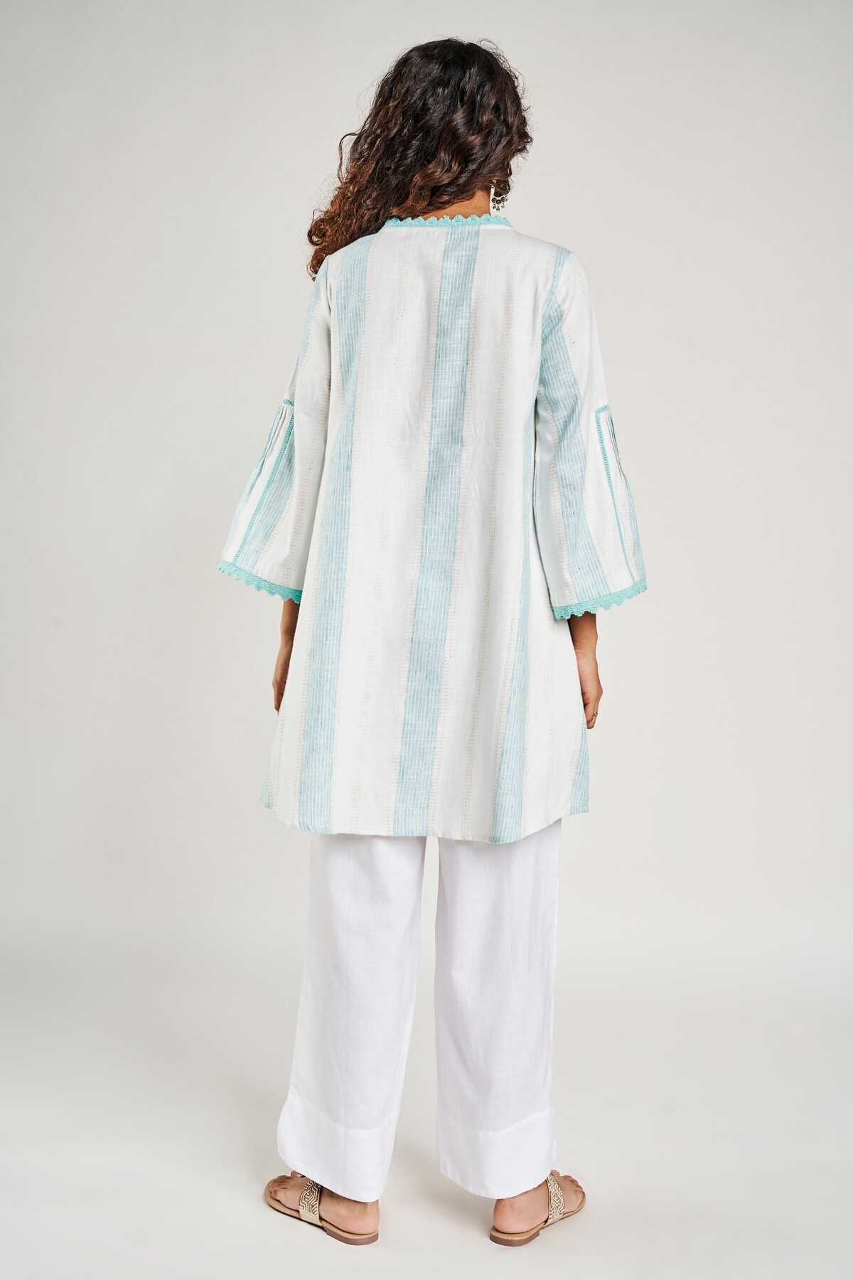 Global Desi | Aqua Striped Embroidered Fit And Flare Dress 6