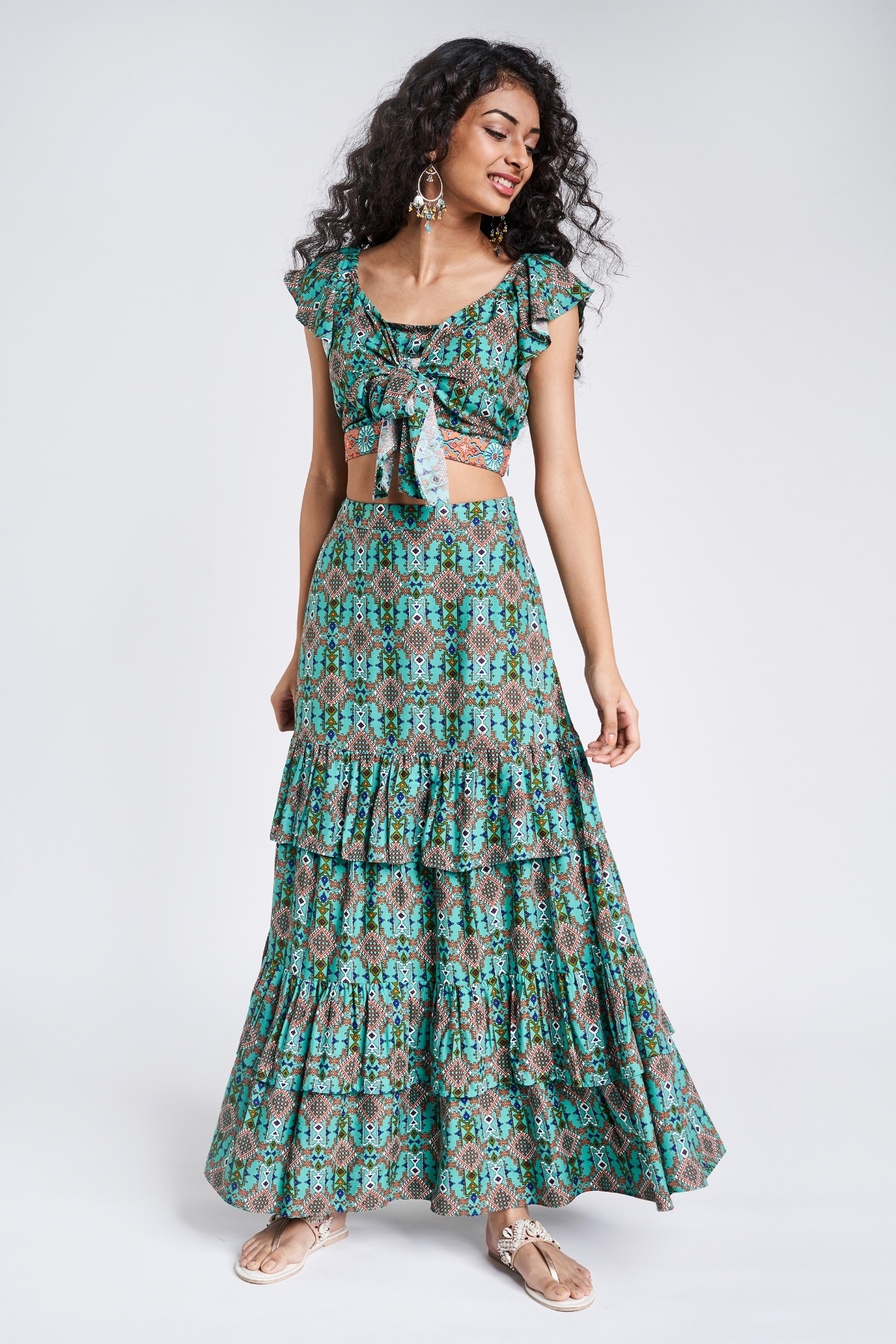 Global Desi | Sage Green Geometric Embroidered Fit And Flare Suit 0