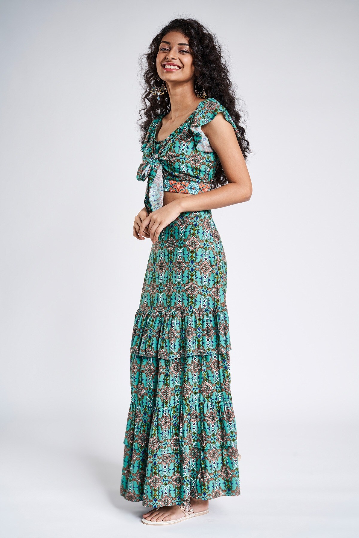 Sage Green Geometric Embroidered Fit And Flare Suit