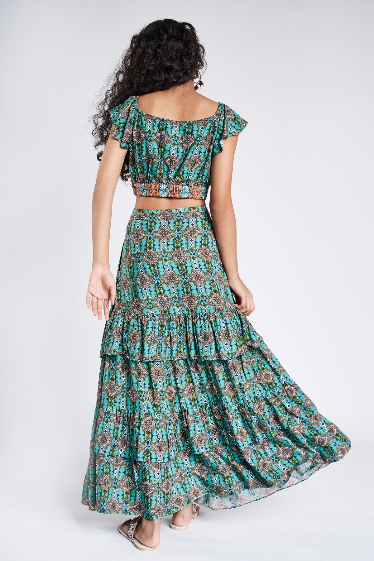 Global Desi | Sage Green Geometric Embroidered Fit And Flare Suit 3