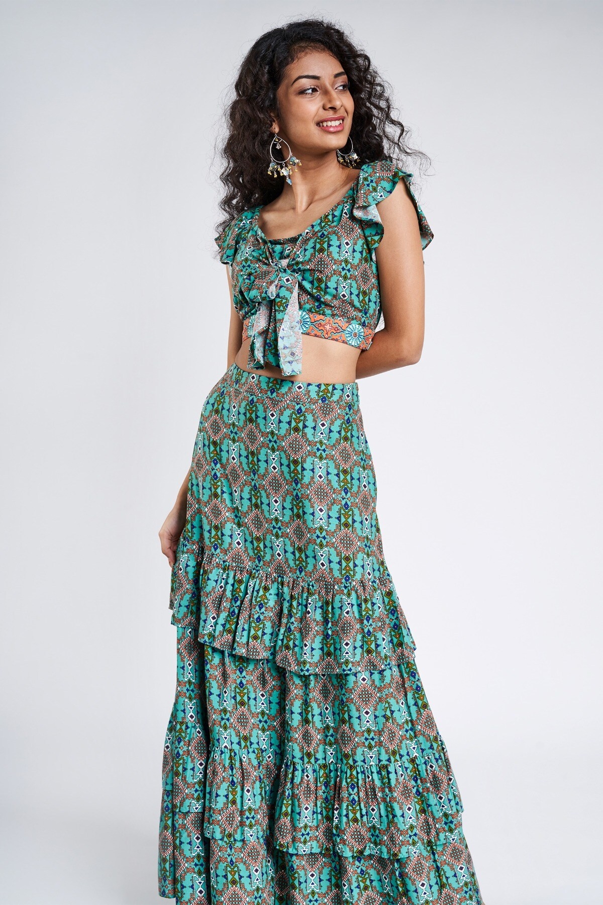 Global Desi | Sage Green Geometric Embroidered Fit And Flare Suit 4