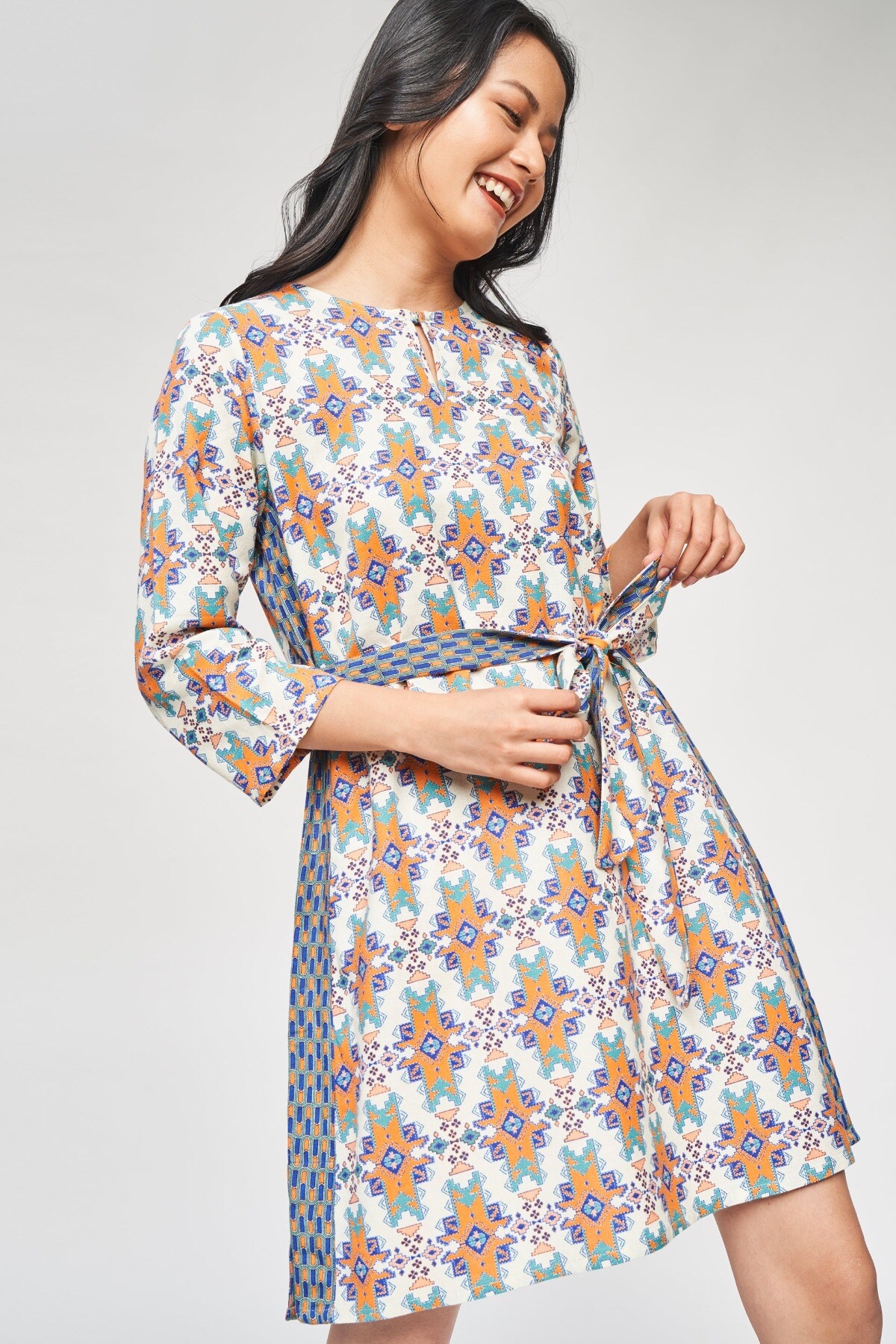 Global Desi | Off White Geometric Printed A-Line Dress 0