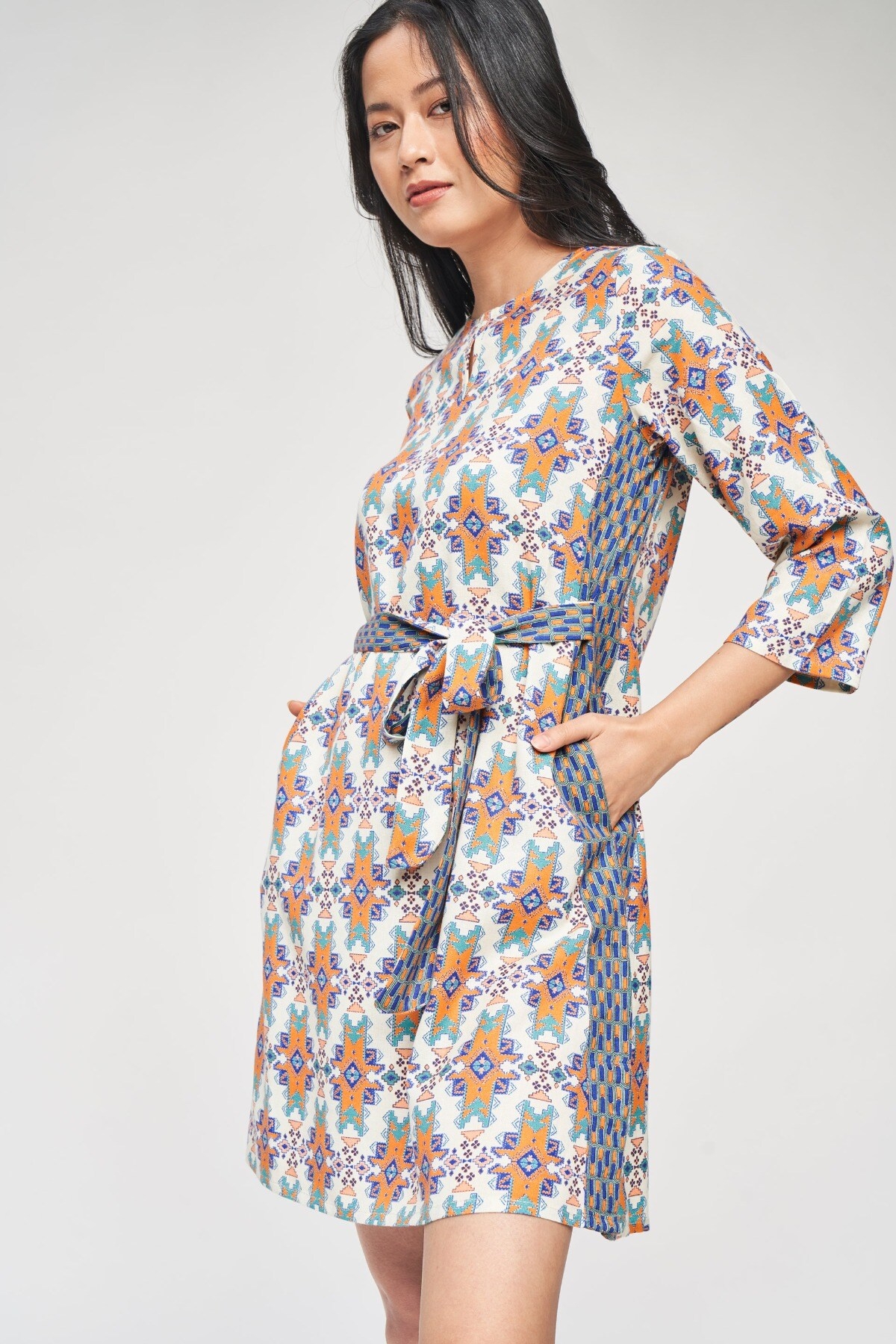 Global Desi | Off White Geometric Printed A-Line Dress 2